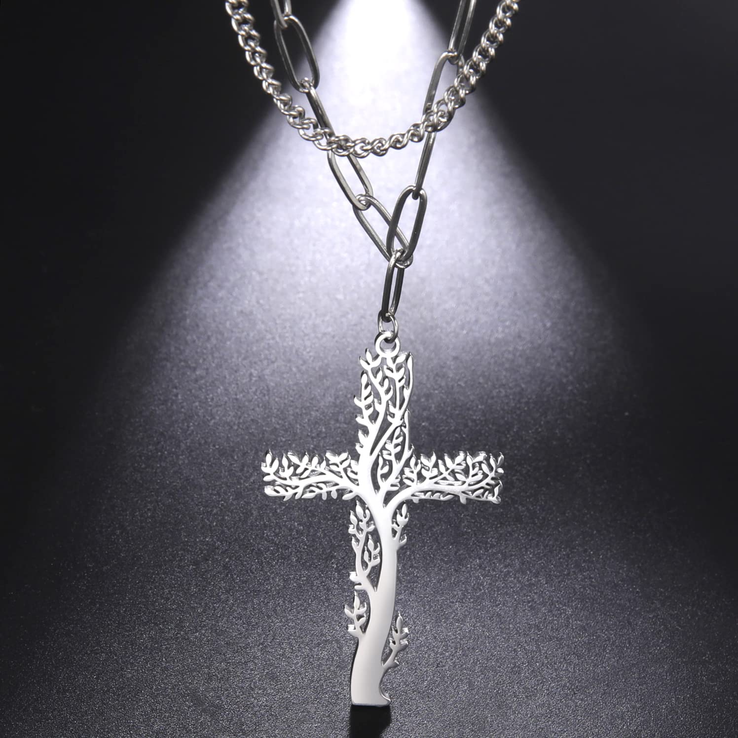 EUEAVAN Collana Albero Vita Croce Acciaio Inox Strati