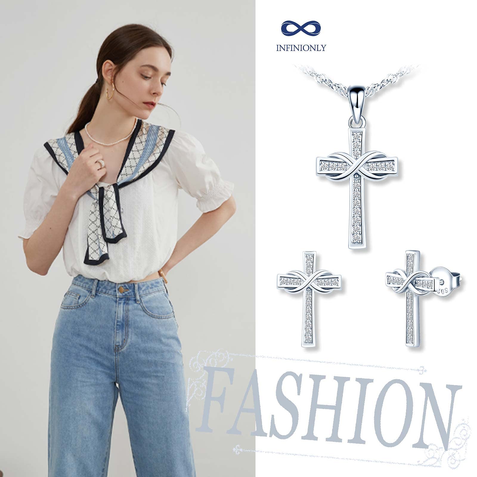 Infinionly Fashion Necklaces parure croce argento 925 Sets