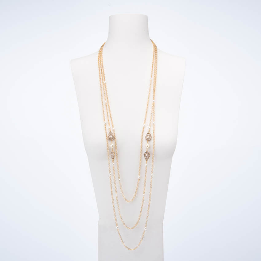 Chic Ad Hoc Collana tre fili perle oro cristalli lunga