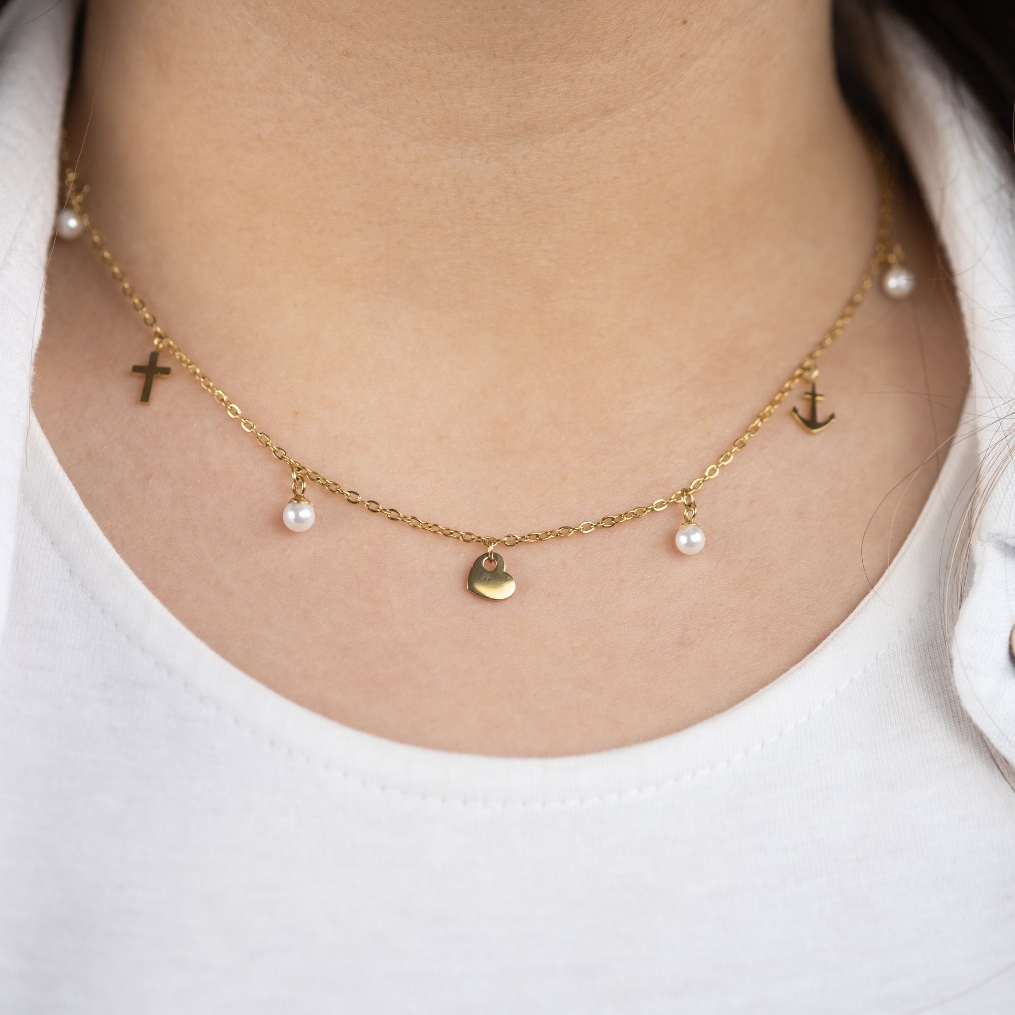 MySteel Faith Love Hope collana acciaio oro con perle