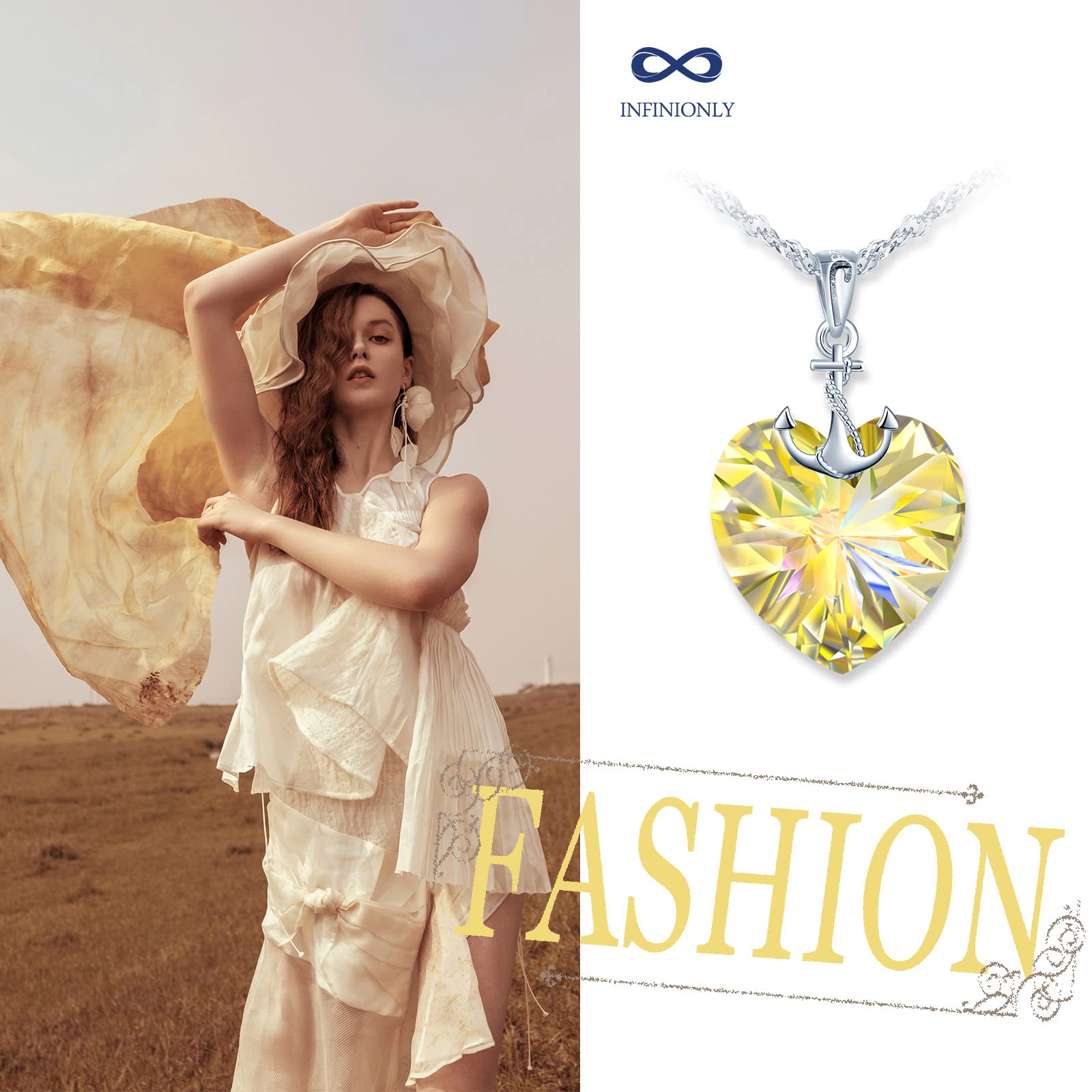 INFINIONLY Fashion Collana Cuore Oceano Gialla 45cm Argento