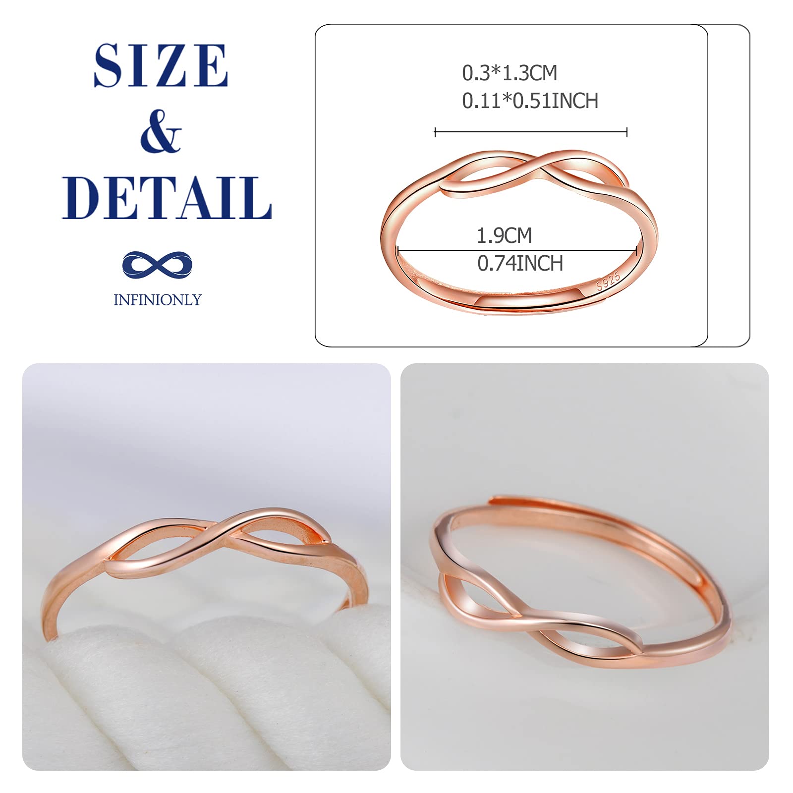 INFINIONLY Fashion Rings anello argento infinito oro rosa regolabile