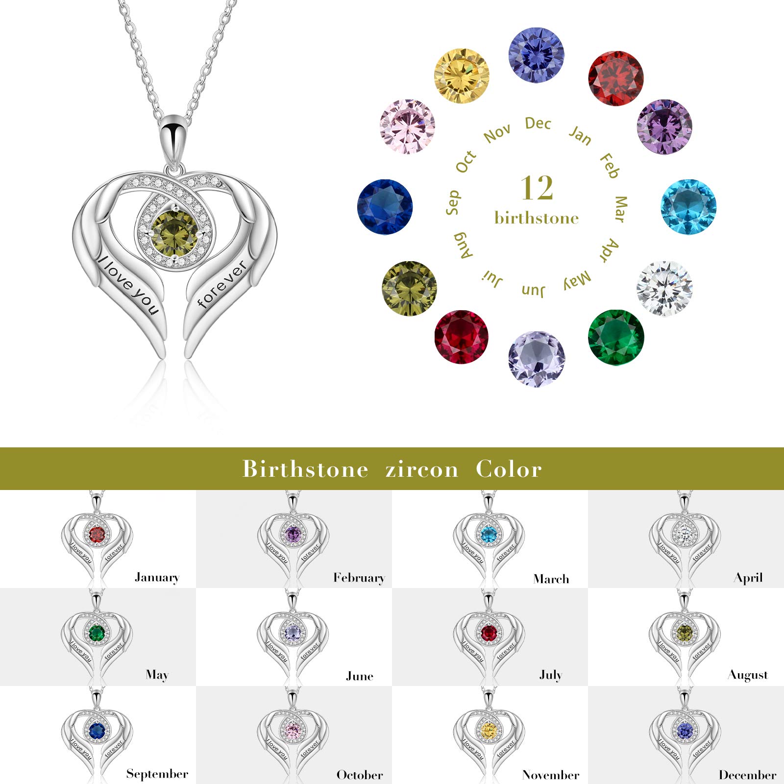 Jessemade Gioielli Collana Argento 925 Ala Cuore Zirconi Love You Forever