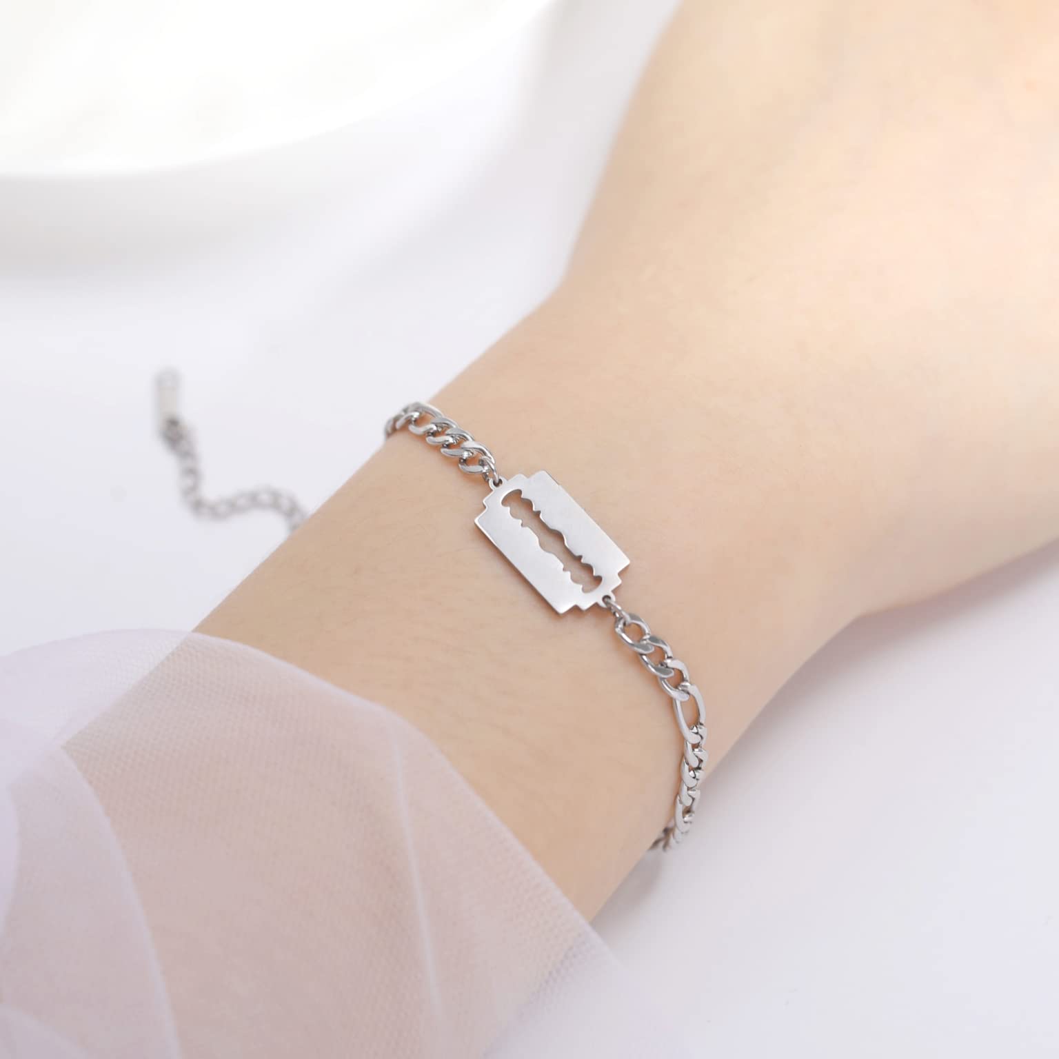 EUEAVAN Bracelets bracciale lama di rasoio acciaio argento