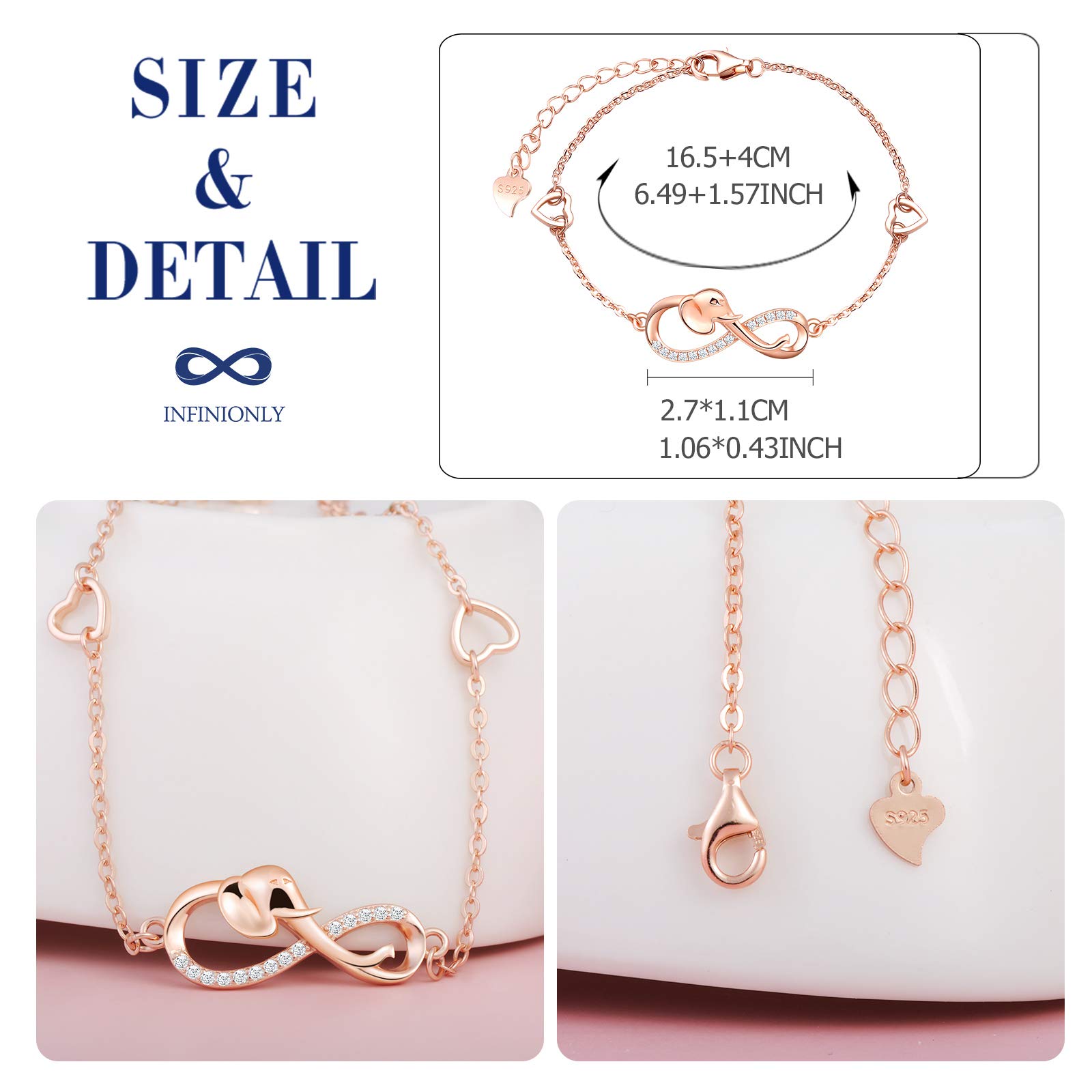 INFINIONLY Fashion Elefante Bracciale Oro Rosa Cuore 925