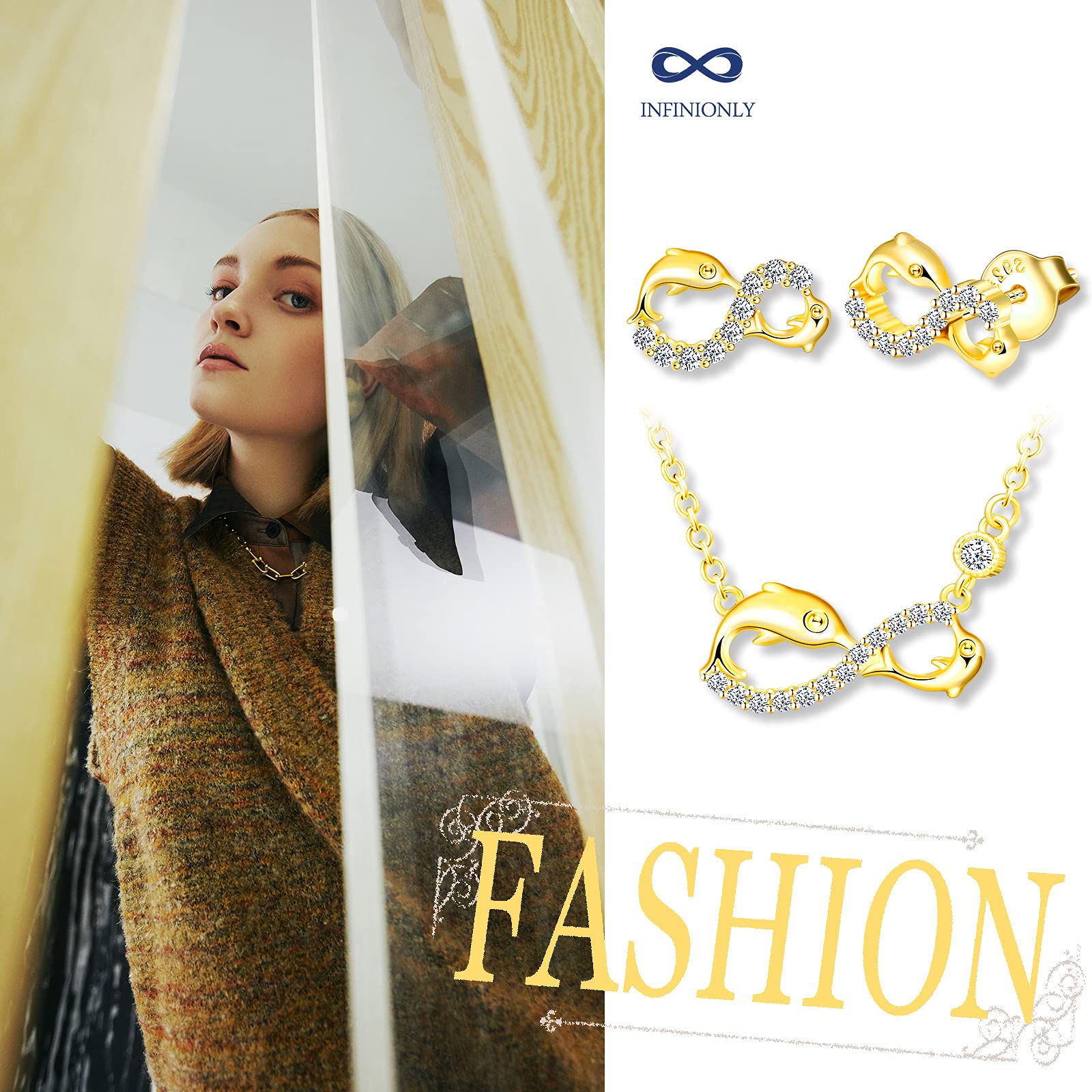 INFINIONLY Fashion Necklaces parure delfino oro collana orecchini