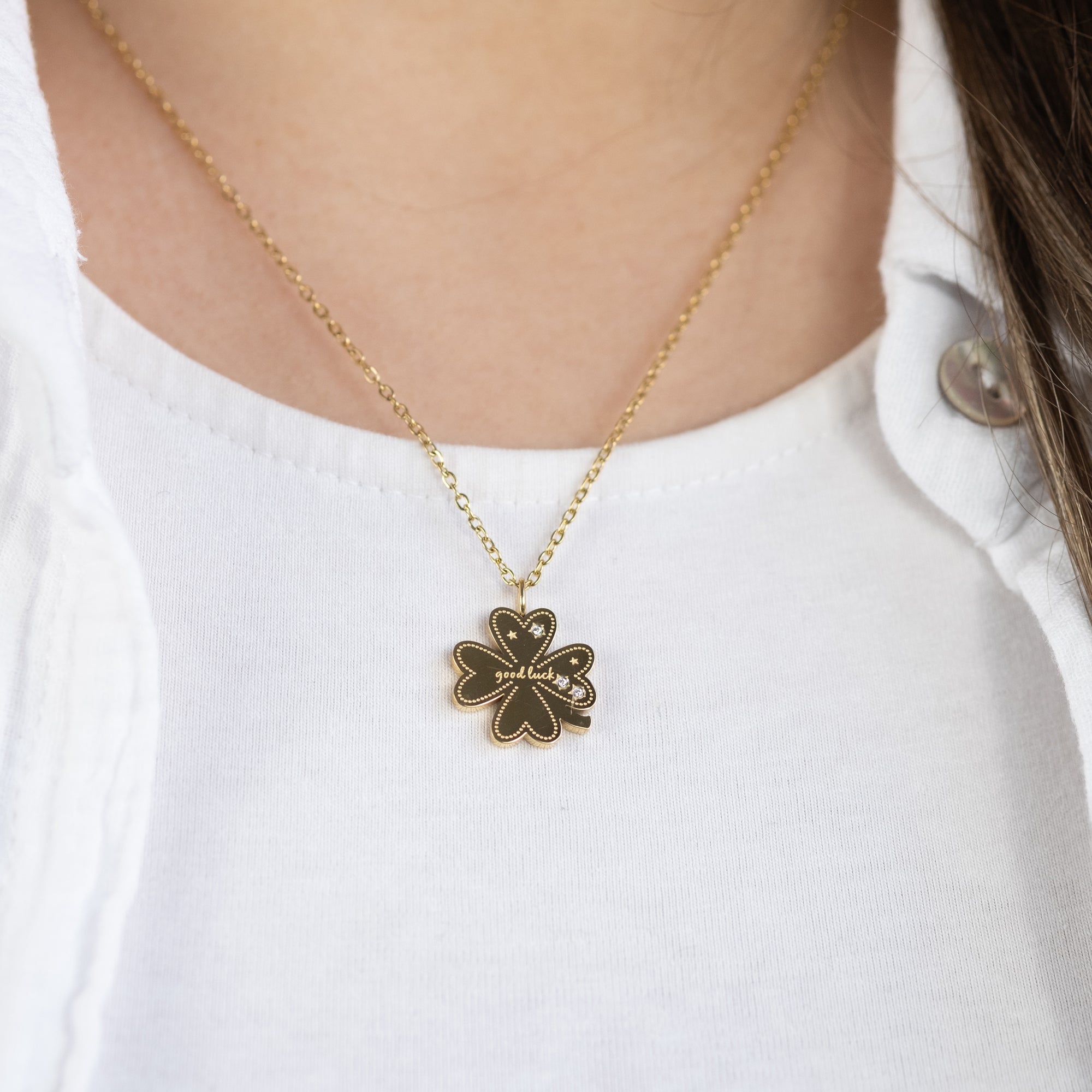 Engelsrufer MySteel Happiness collana quadrifoglio oro zirconia