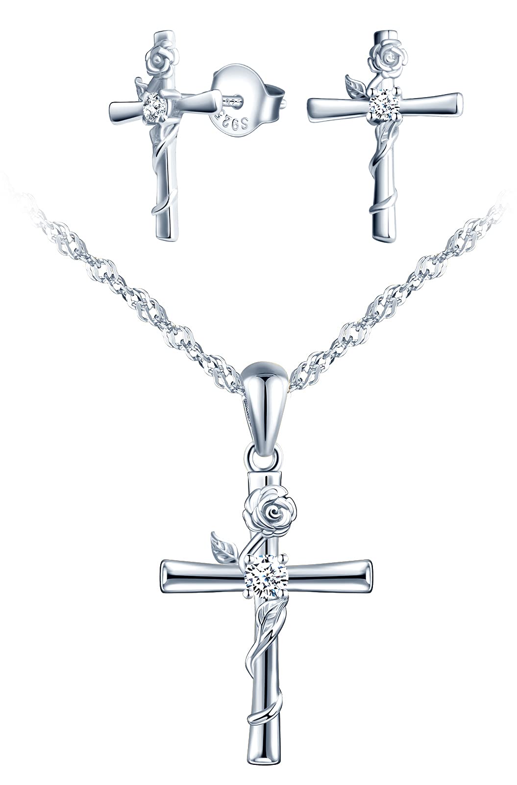 Infinionly Collana Croce Argento 925 Fiore Rosa