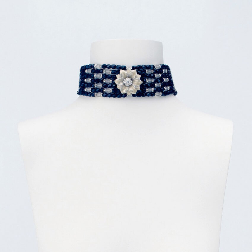 Chic Ad Hoc Collana Choker Cristalli Neri Fiore Smaltato
