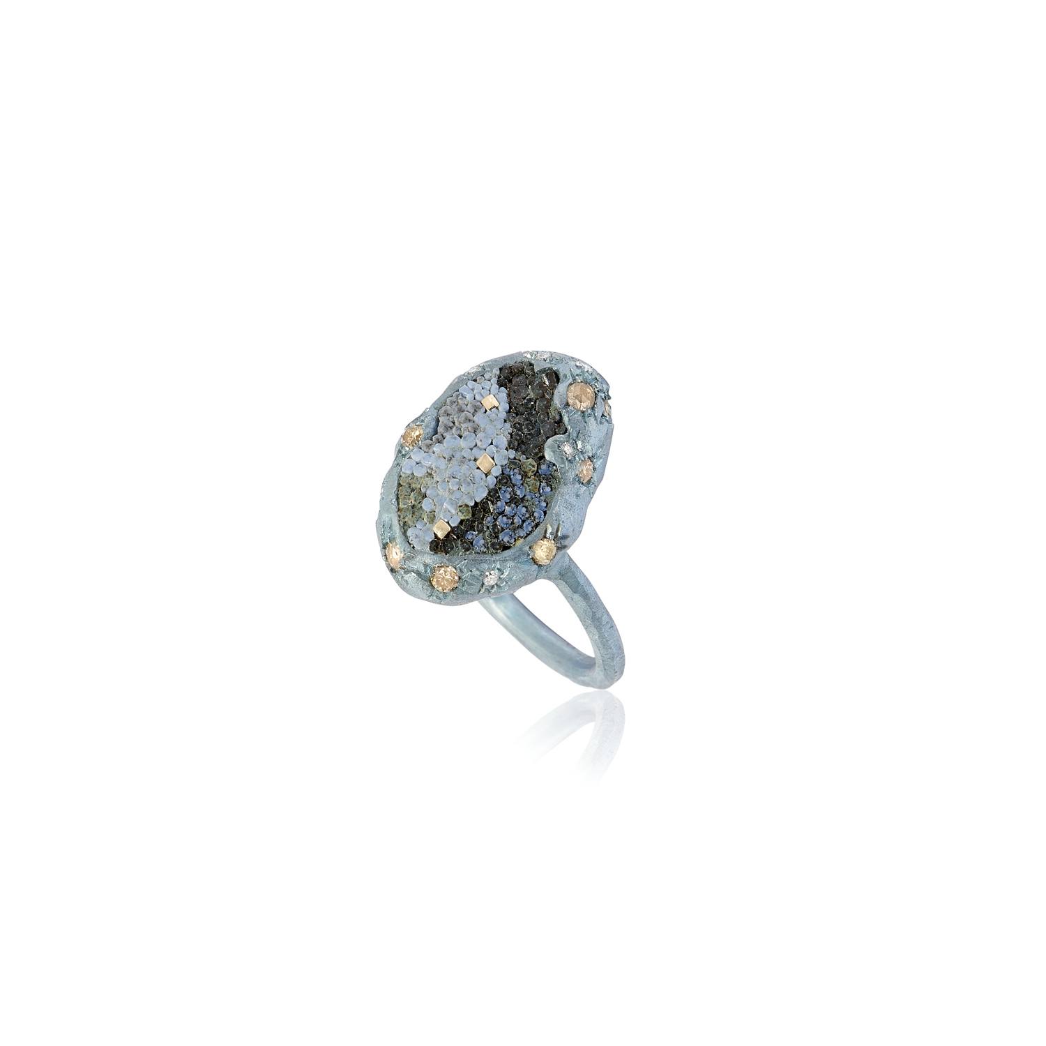 Le Sibille Meteorite Anello Azzurro titanio oro bianco