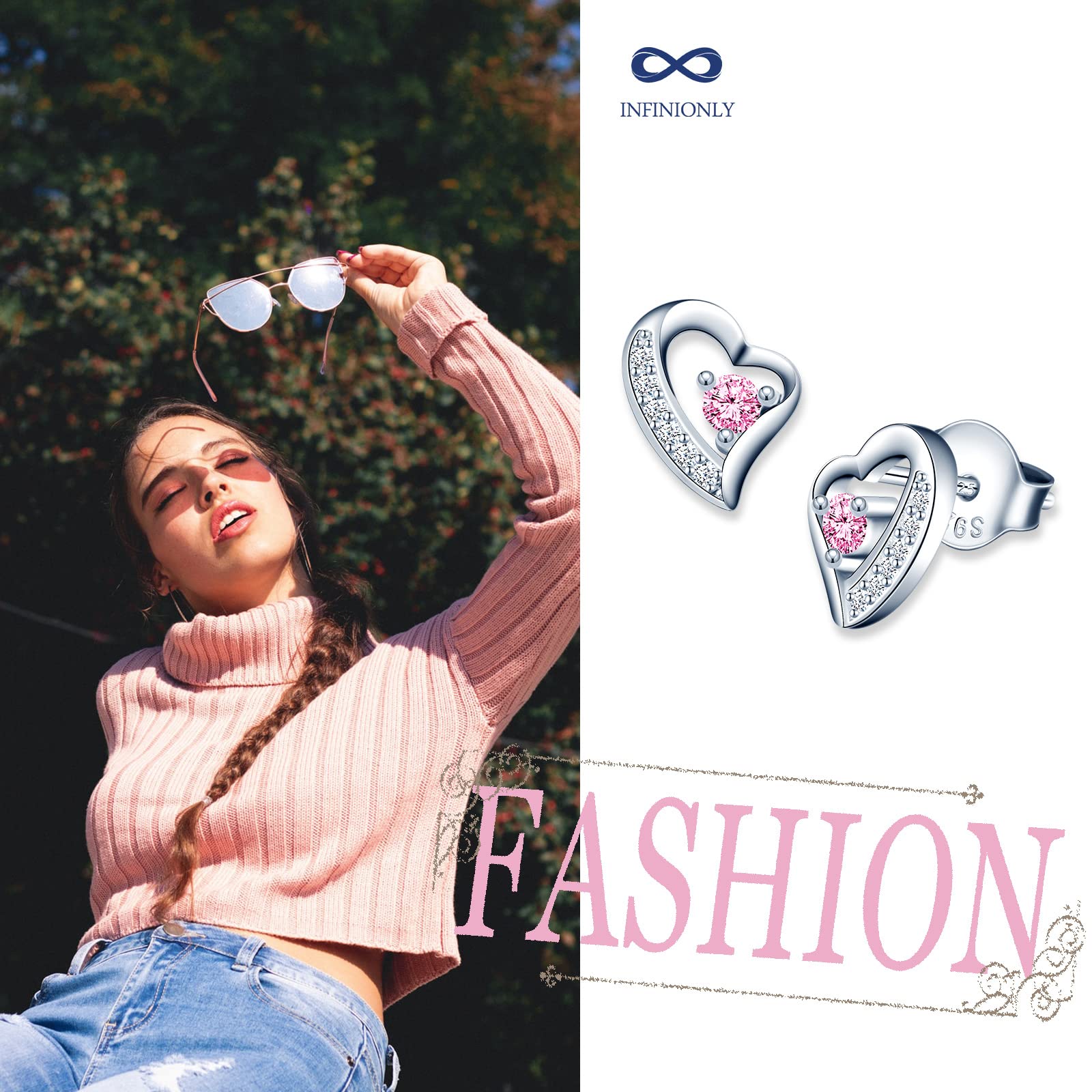 INFINIONLY Fashion orecchini cuore rosa argento 925