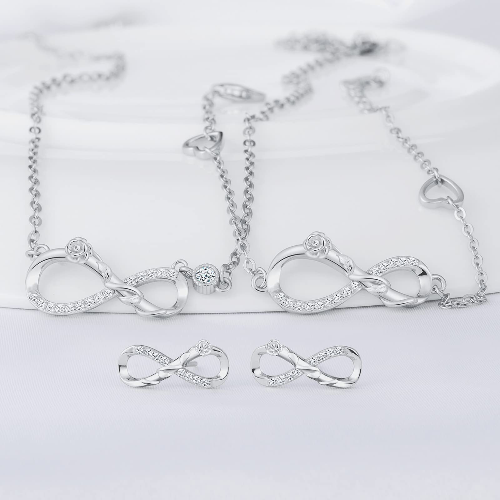 INFINIONLY Fashion Set Collana Bracciale Orecchini Rosa Argento