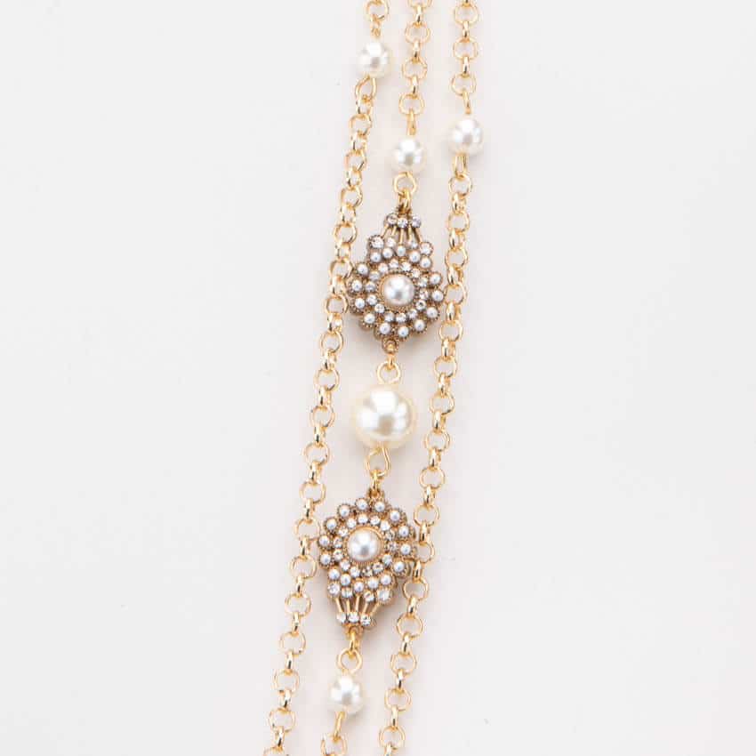 Chic Ad Hoc Collana tre fili perle oro cristalli lunga