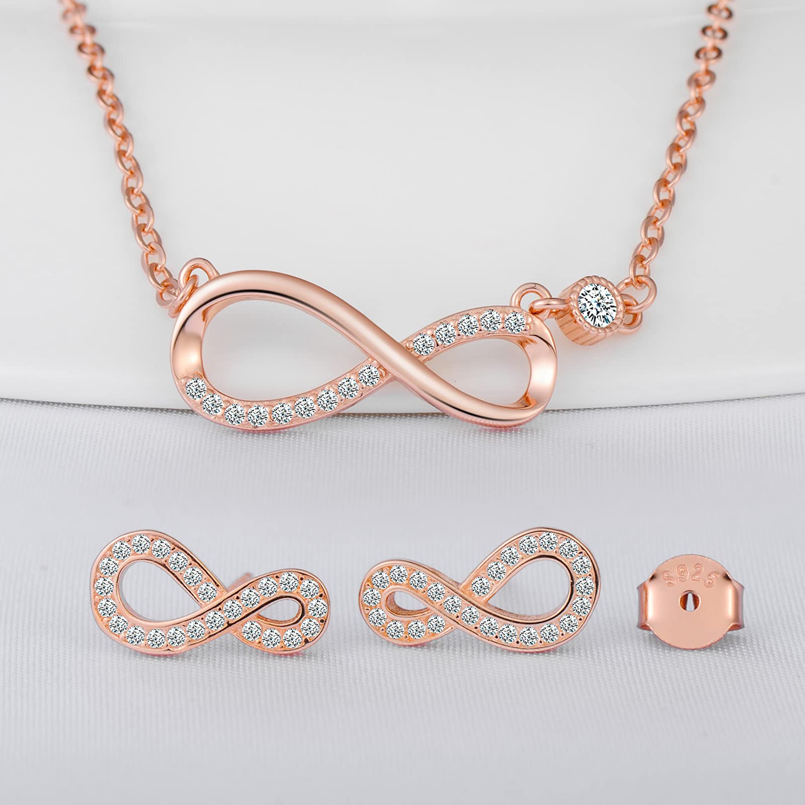INFINIONLY Collana Orecchini Infinito Parure Oro Rosa Zirconi