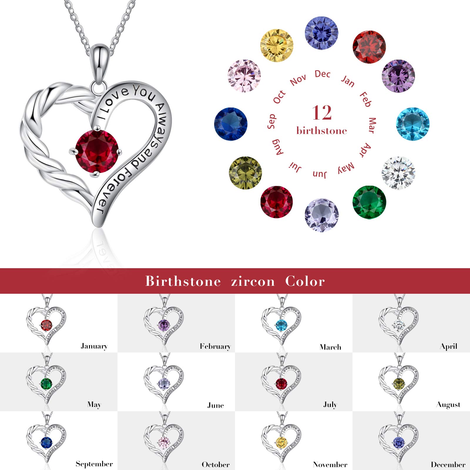 Jessemade Gioielli Collana Argento 925 Cuore Birthstone Regalo Madre