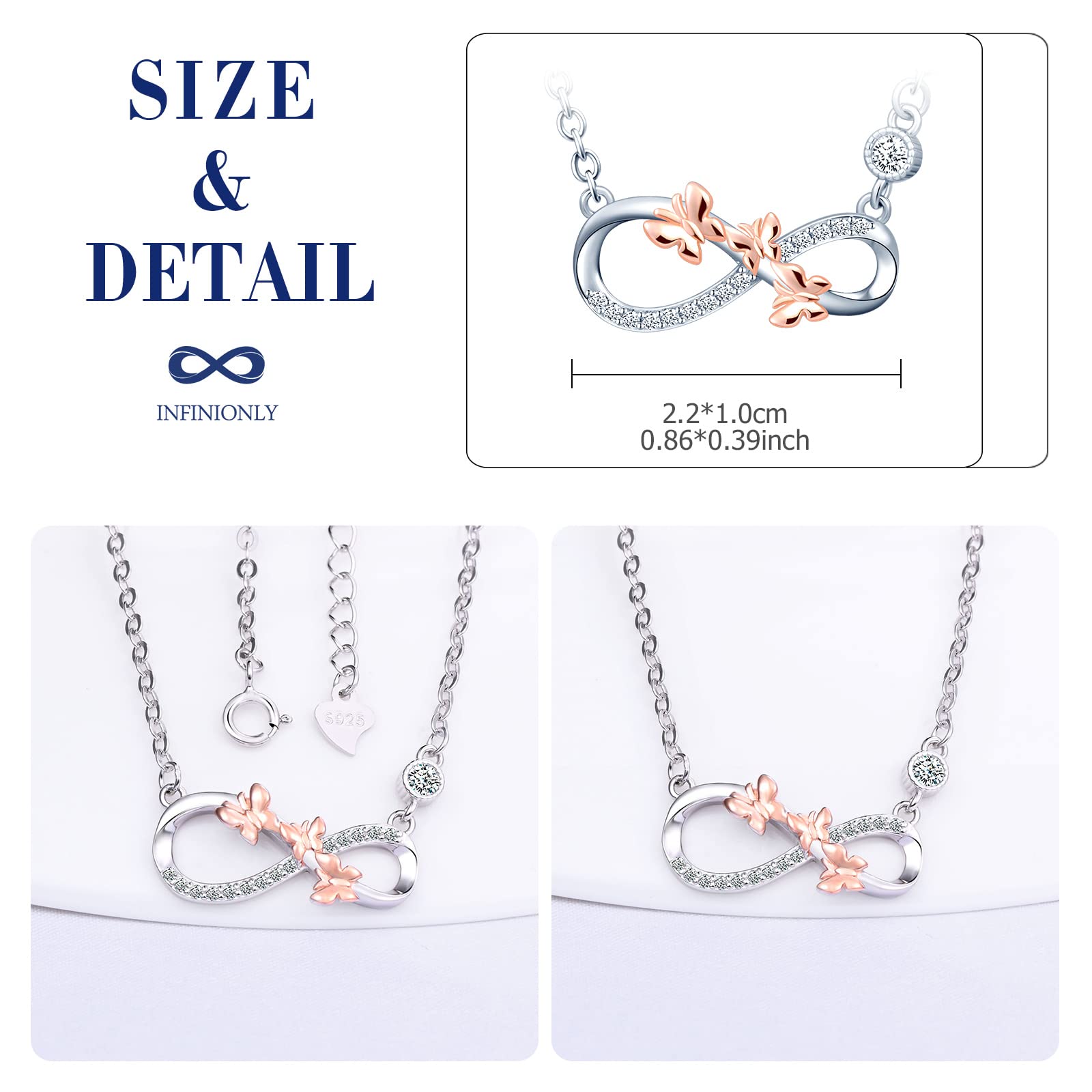 INFINIONLY Collana Argento 925 Infinito Farfalle Oro Rosa B