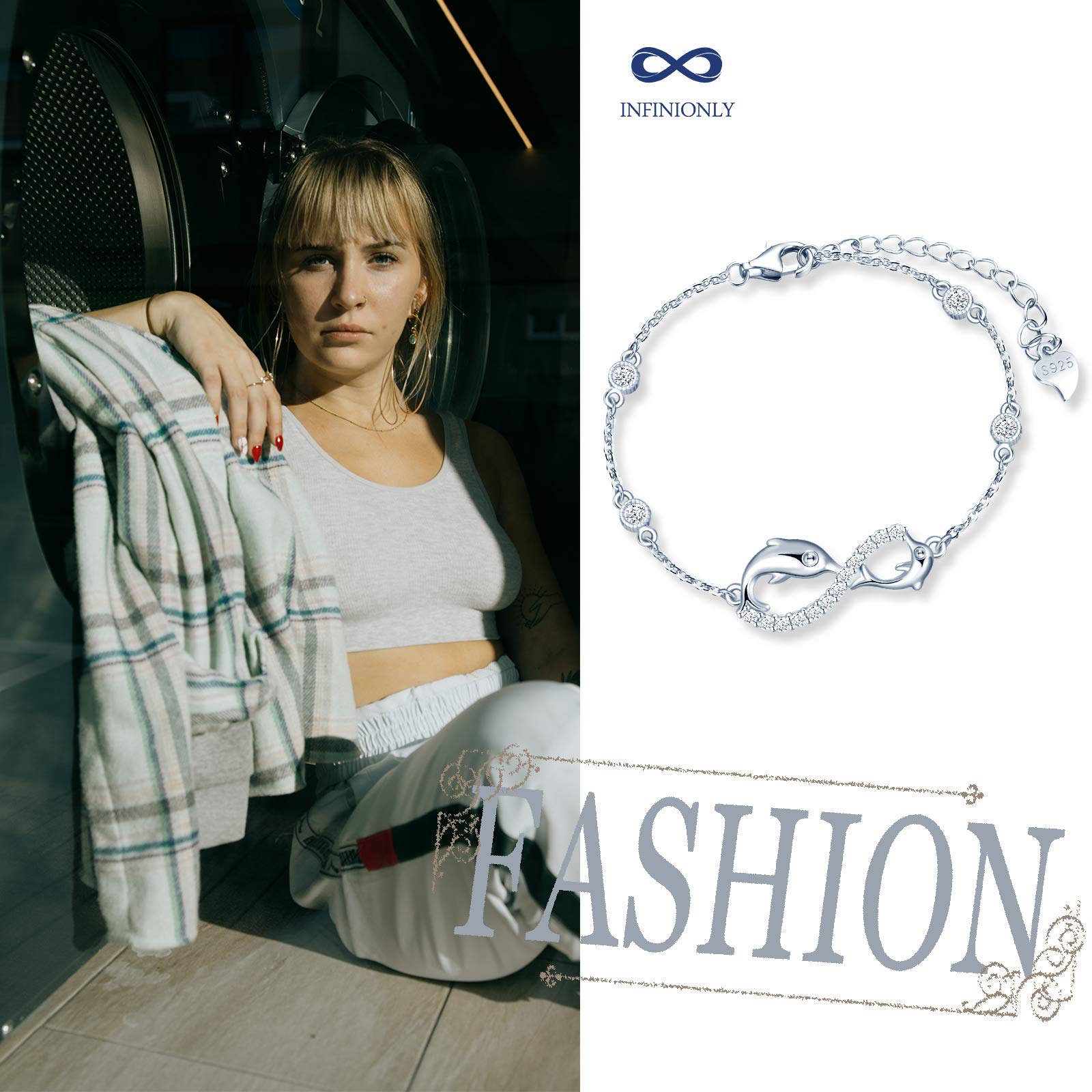 Infinionly B-diamante bracciale argento 925 infinito delfino zircone