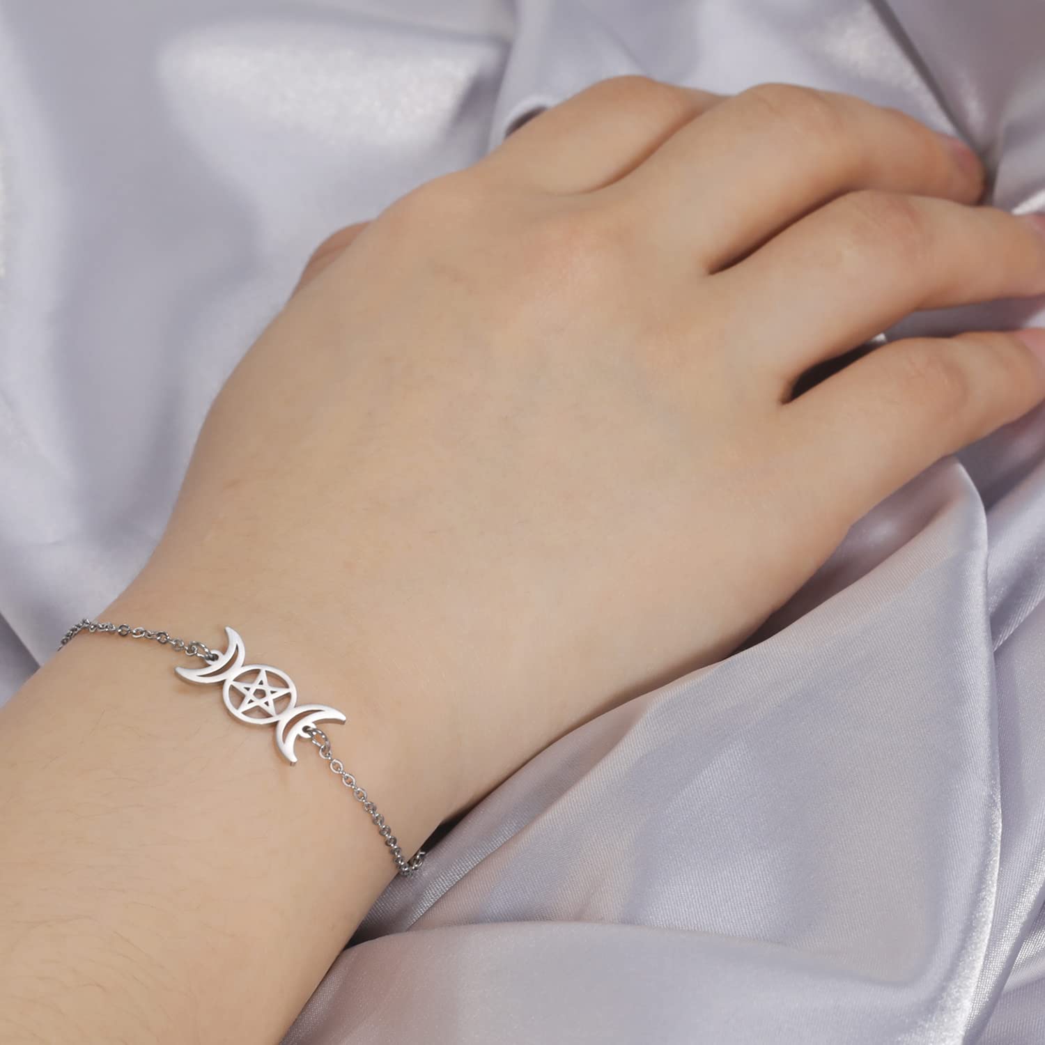 EUEAVAN Tripla Luna bracciale acciaio argento amuleto