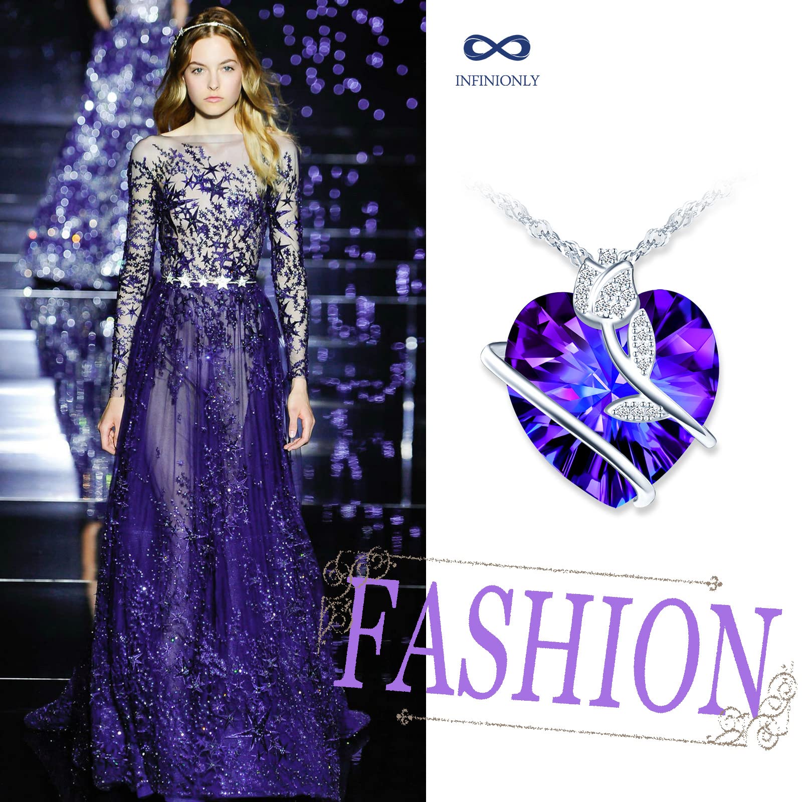 INFINIONLY Fashion Necklaces collana argento cuore viola 45cm