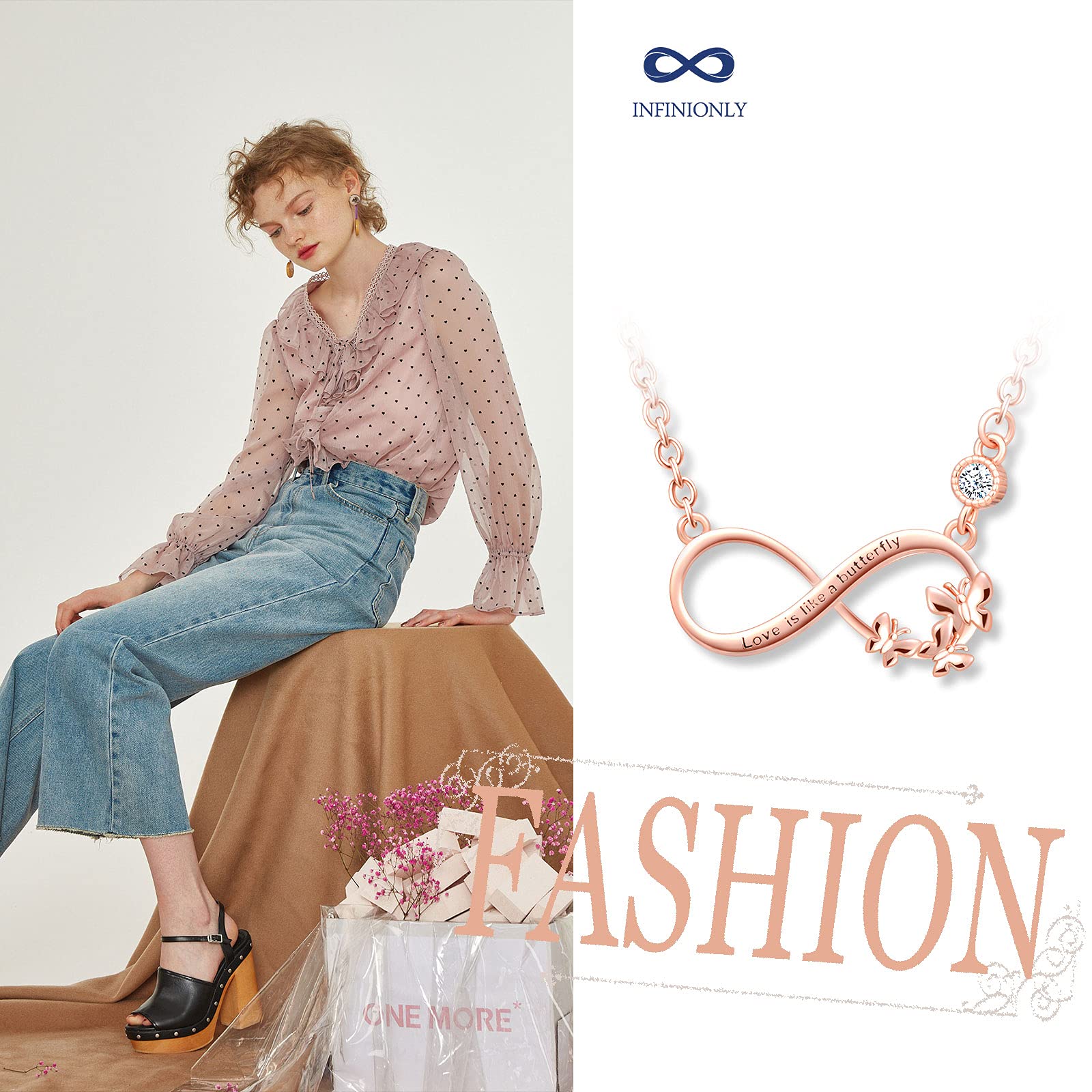 INFINIONLY Fashion Necklaces collana infinito farfalla oro rosa