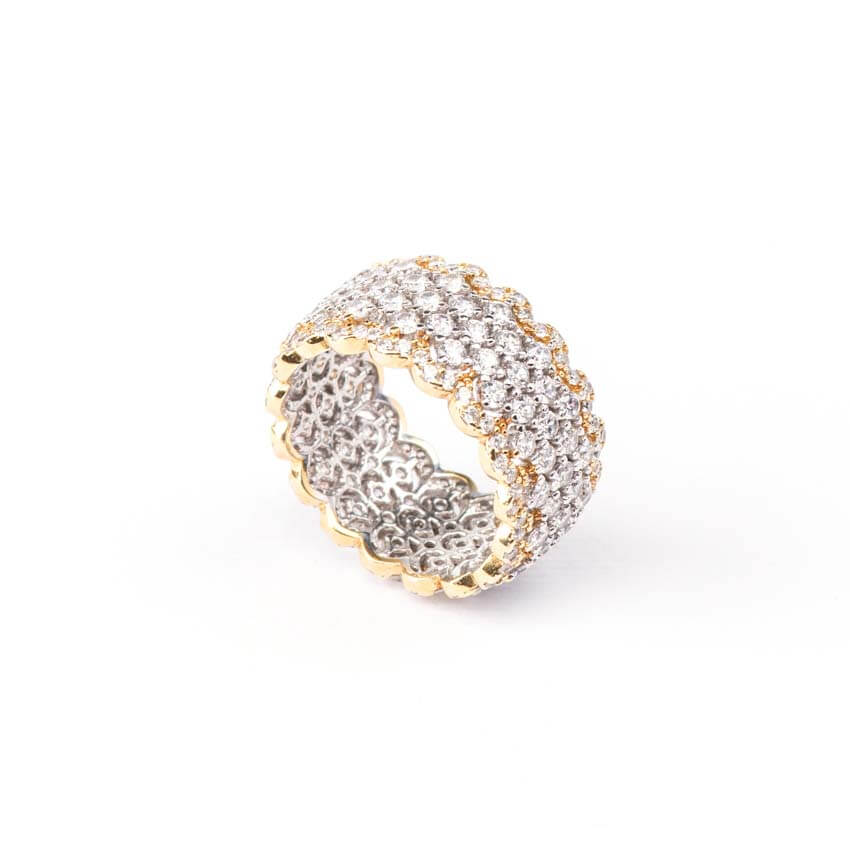 Chic Ad Hoc Anello fascia alta traforata bicolore zirconi