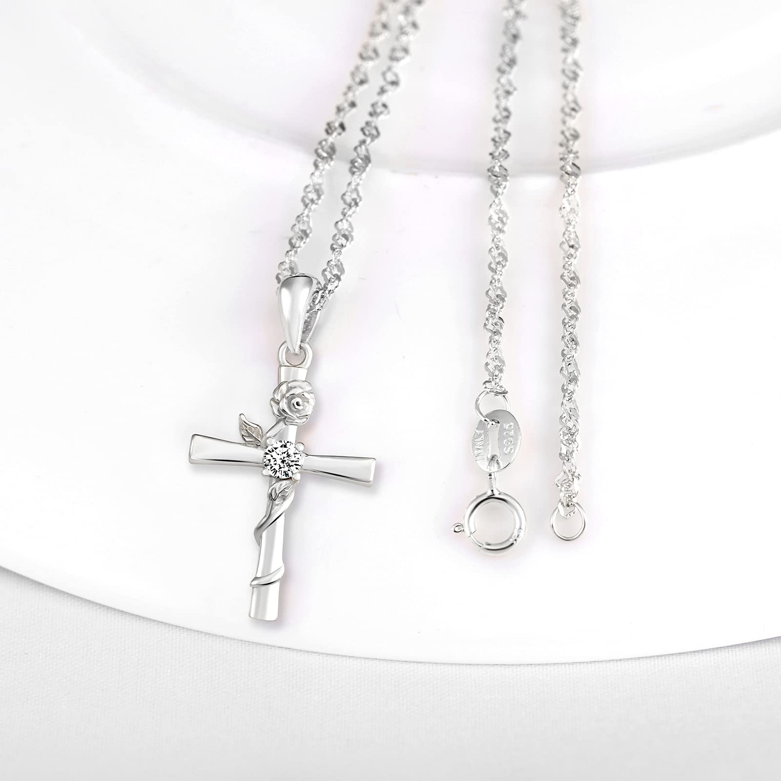 Infinionly Collana Croce Argento 925 Fiore Rosa