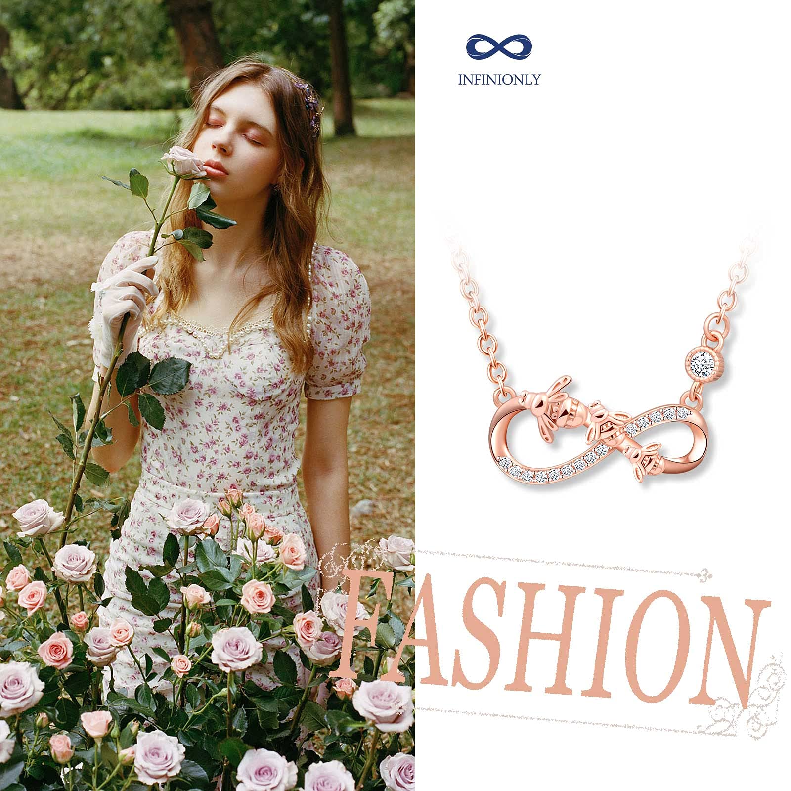 INFINIONLY Collana infinito ape argento 925 oro rosa