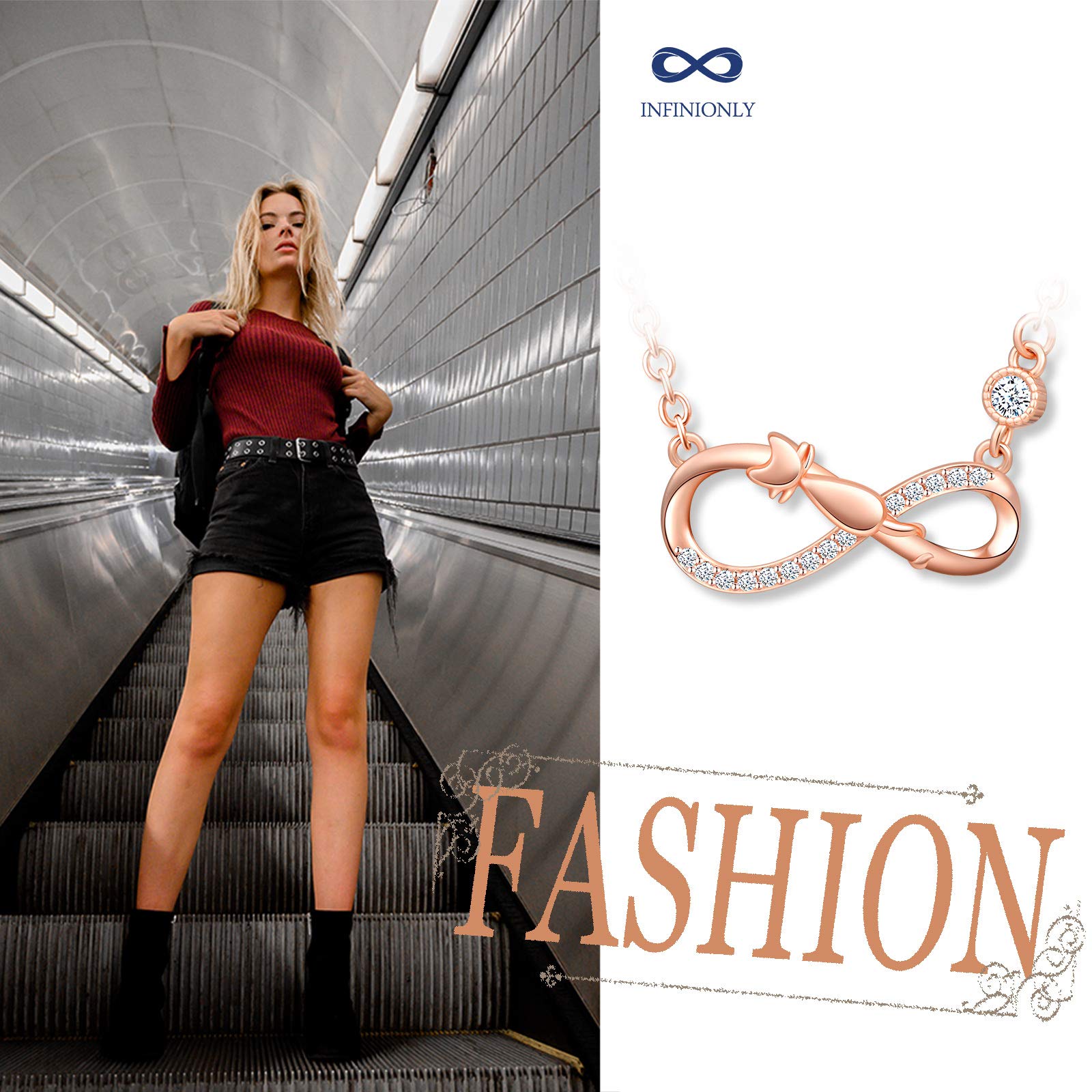 INFINIONLY Fashion Necklaces collana oro rosa infinito gatto
