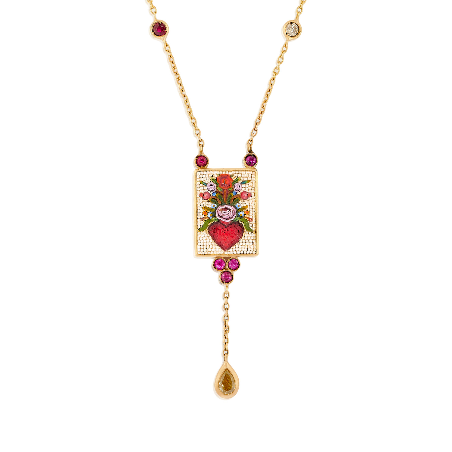 Le Sibille Flower Heart Necklace oro rubini diamanti cuore