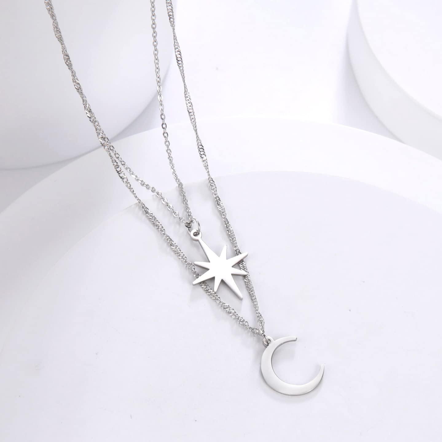 EUEAVAN Collana Luna Stella Acciaio Inox a Strati 2 Pezzi