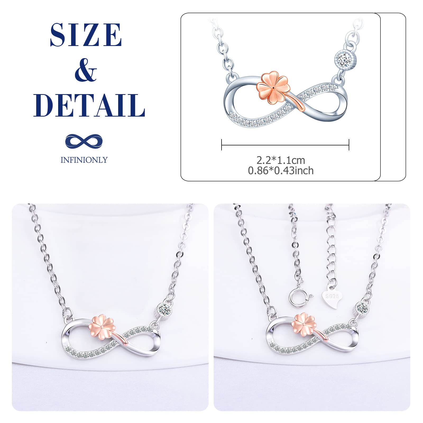 INFINIONLY Fashion Collana Quadrifoglio Oro Rosa Argento 925