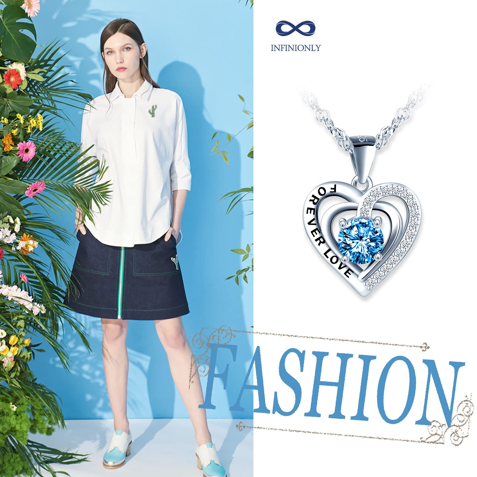 INFINIONLY Fashion collana cuore azzurro argento 925 45cm