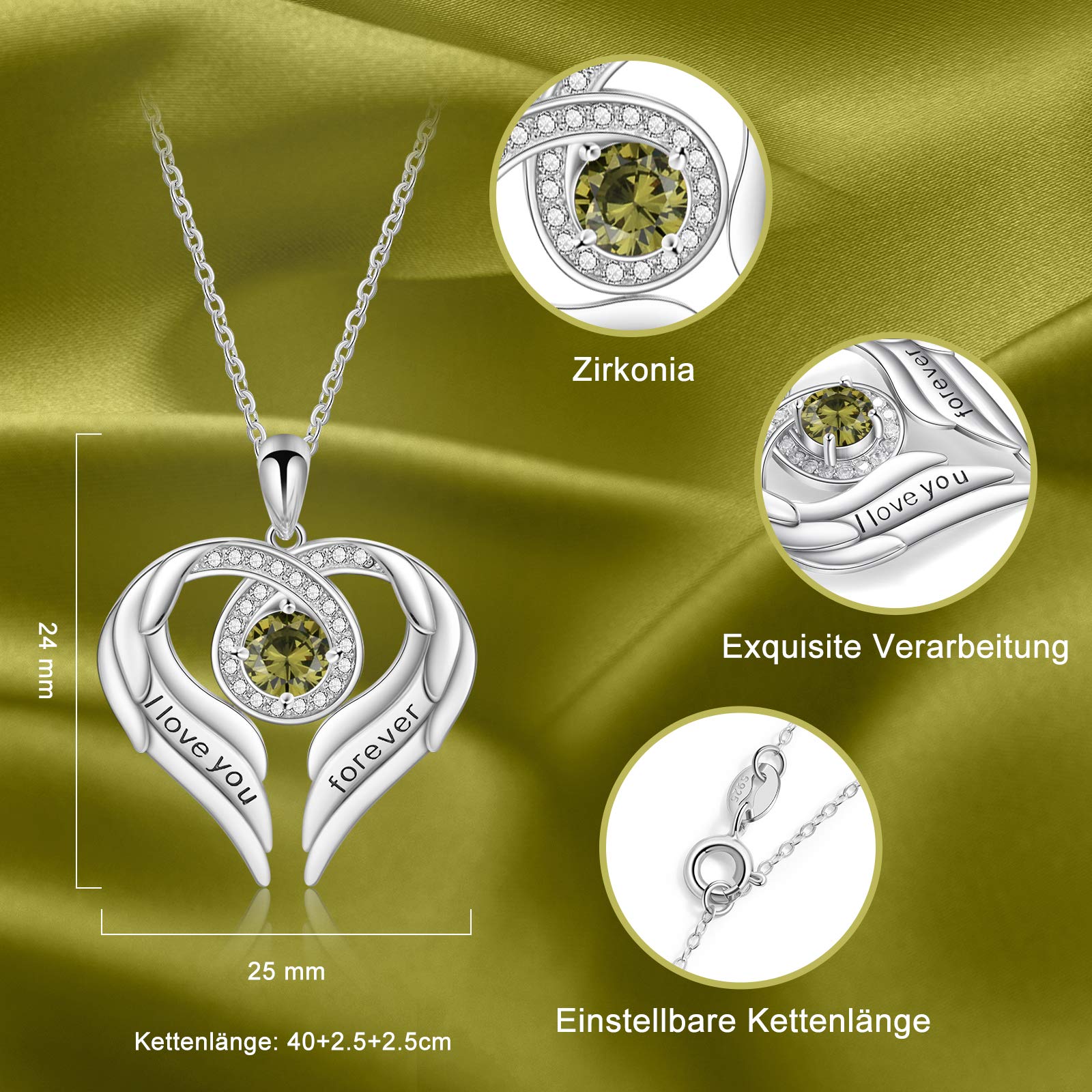 Jessemade Gioielli Collana Argento 925 Ala Cuore Zirconi Love You Forever