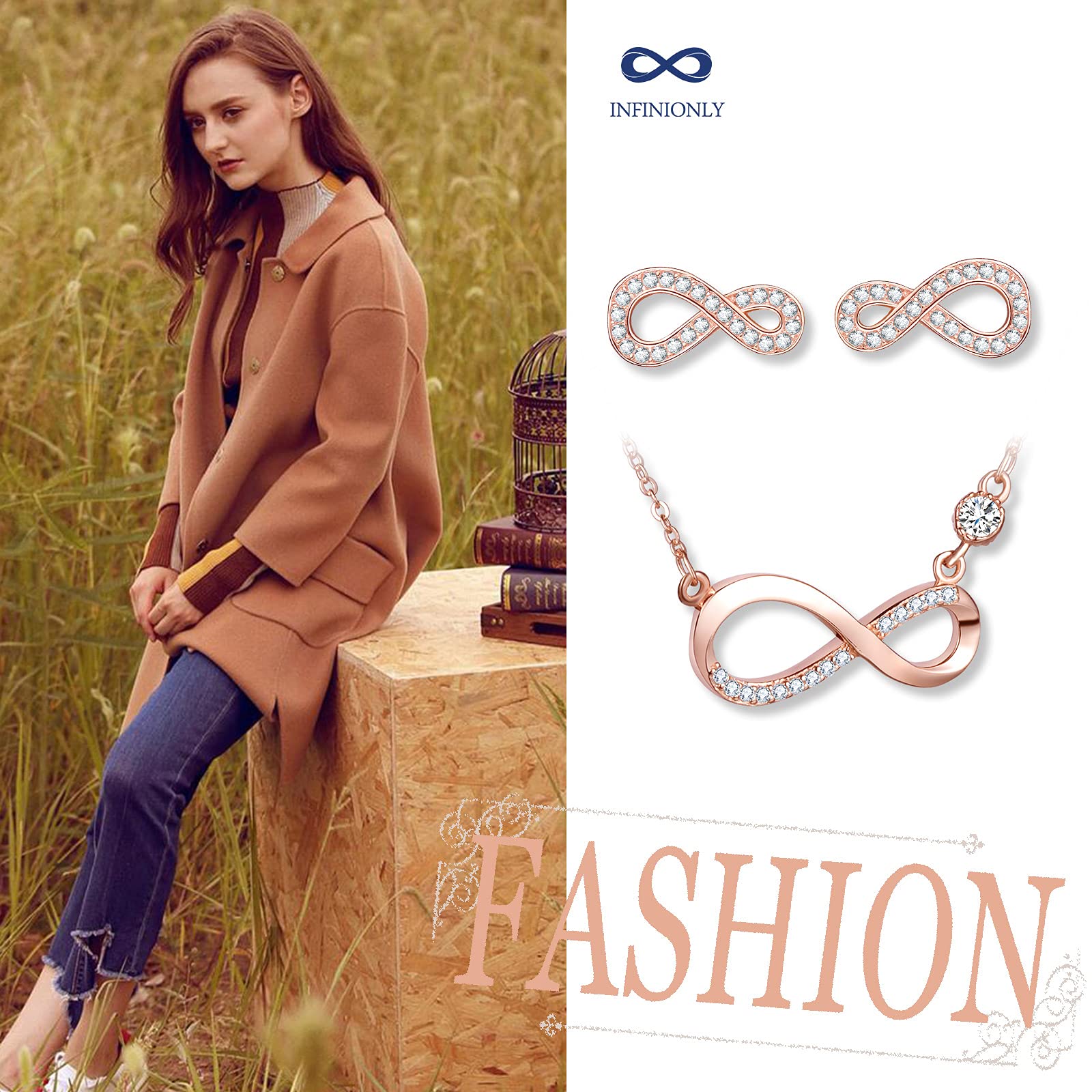 INFINIONLY Collana Orecchini Infinito Parure Oro Rosa Zirconi