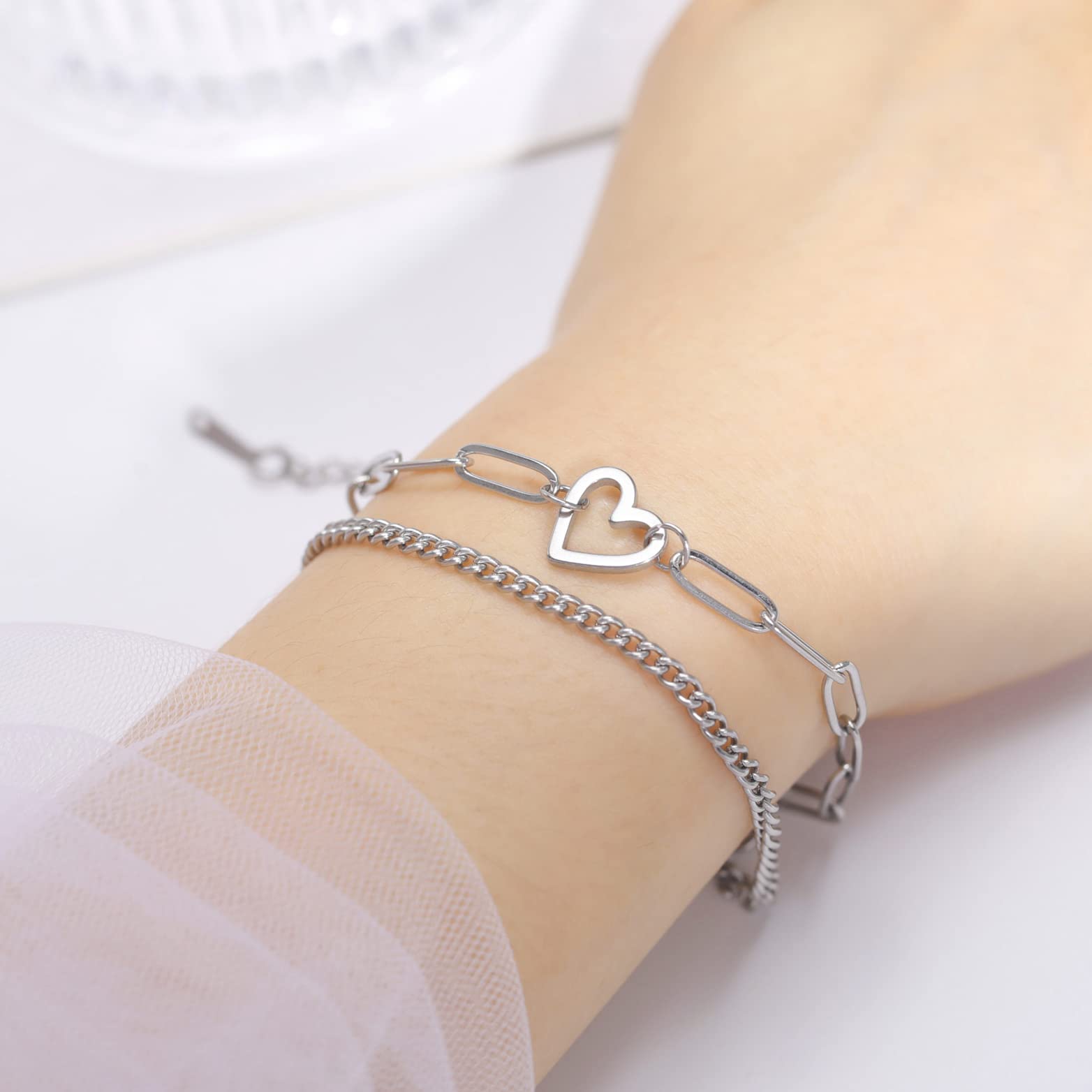 EUEAVAN Bracelets bracciale cuore argento a strati donna