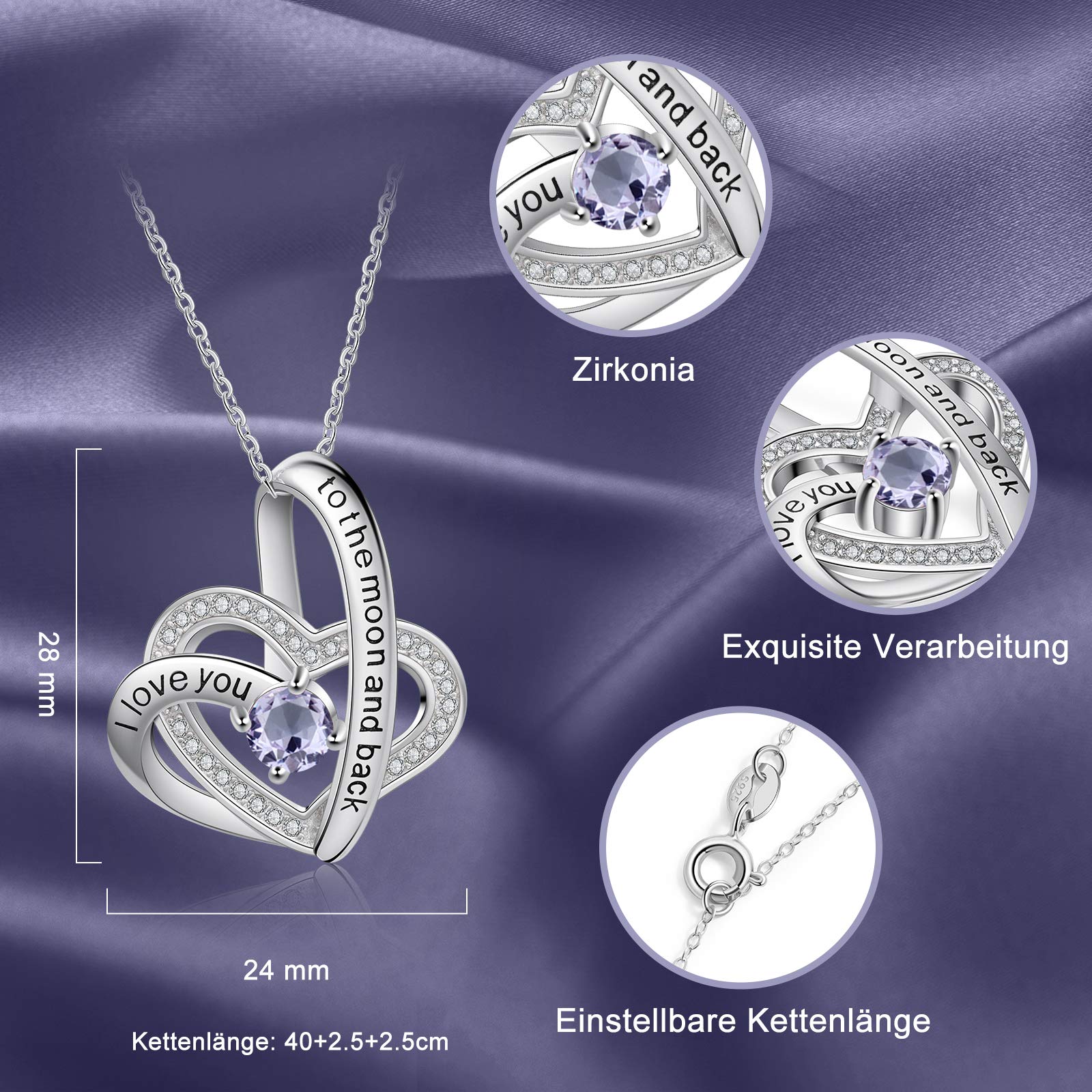 Jessemade Gioielli Collana Argento 925 Cuore Birthstone Zirconi Regolabile