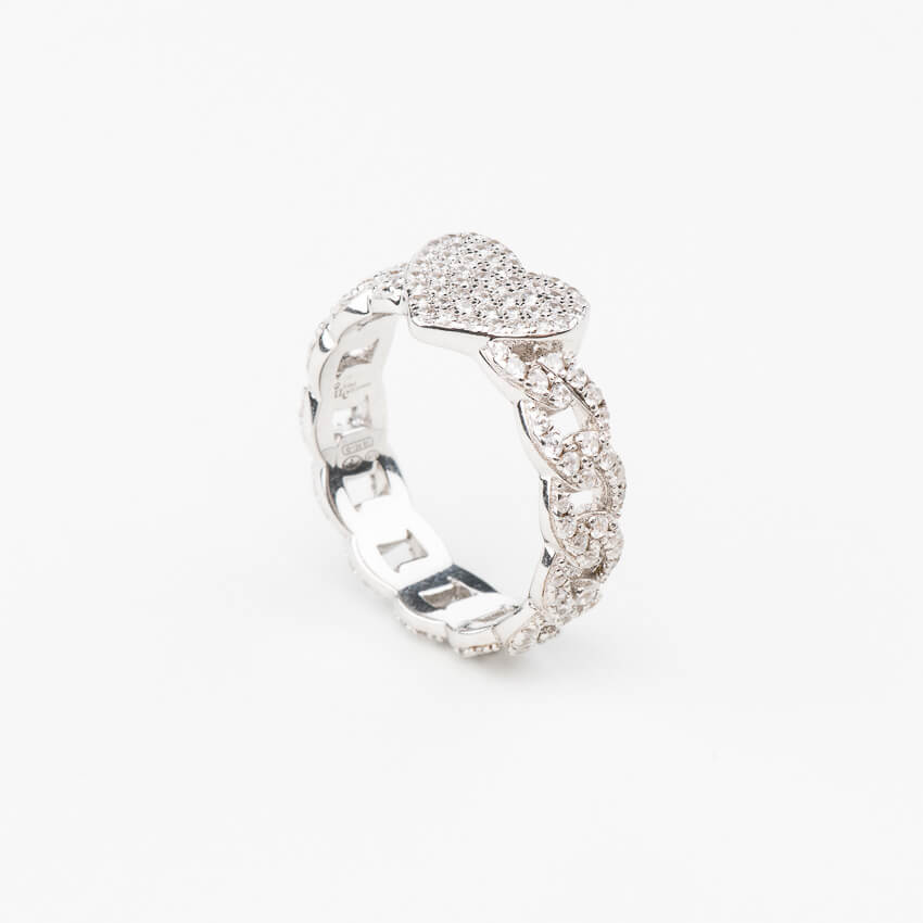 Chic Ad Hoc Anello Catena Groumette Argento Cuore Zirconi