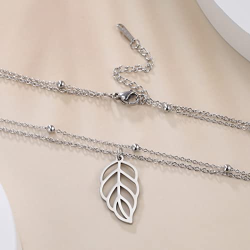 EUEAVAN Necklaces Collana Acciaio Foglia Doppia Catena Donna