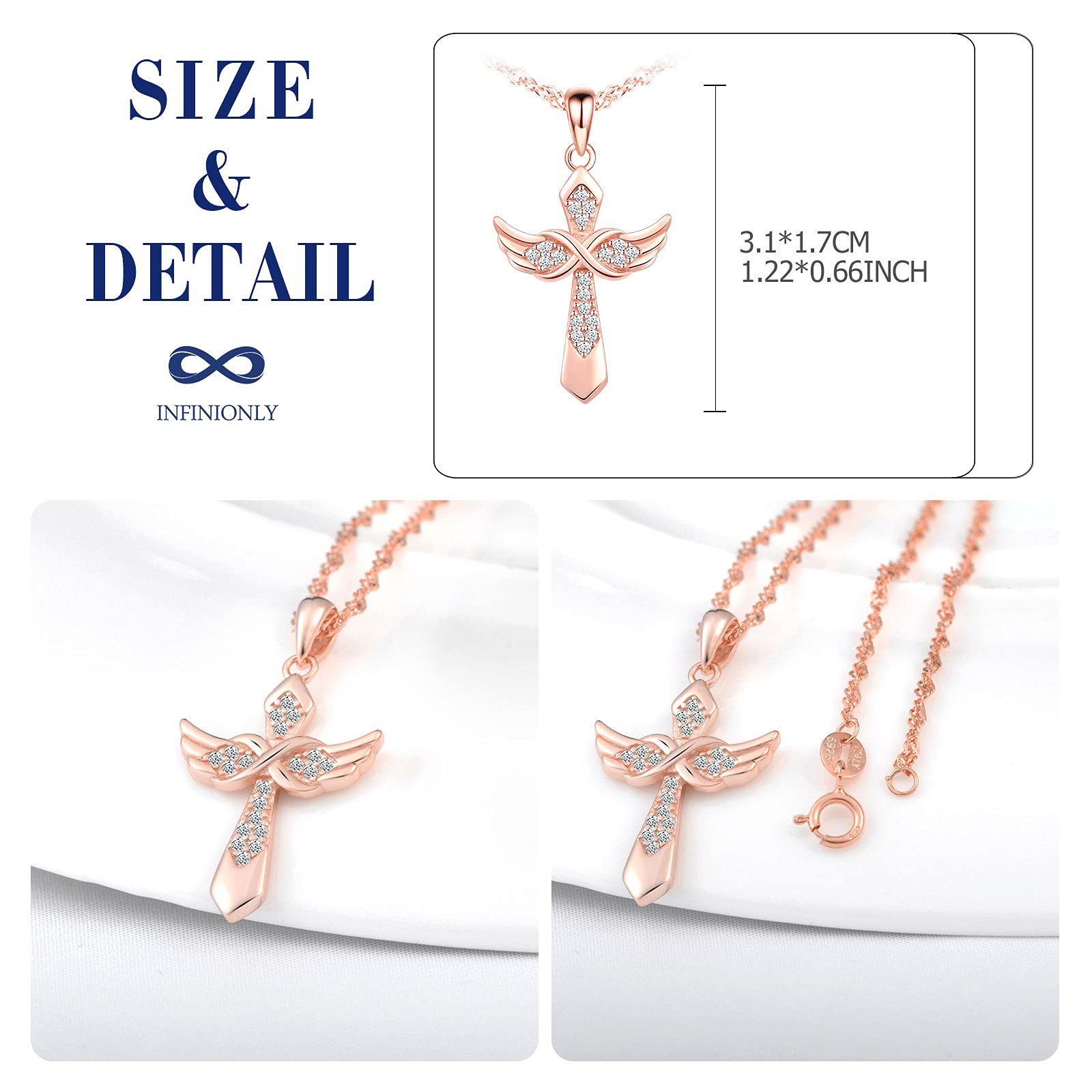 INFINIONLY Collana Croce Ala Argento 925 Oro Rosa Zircone