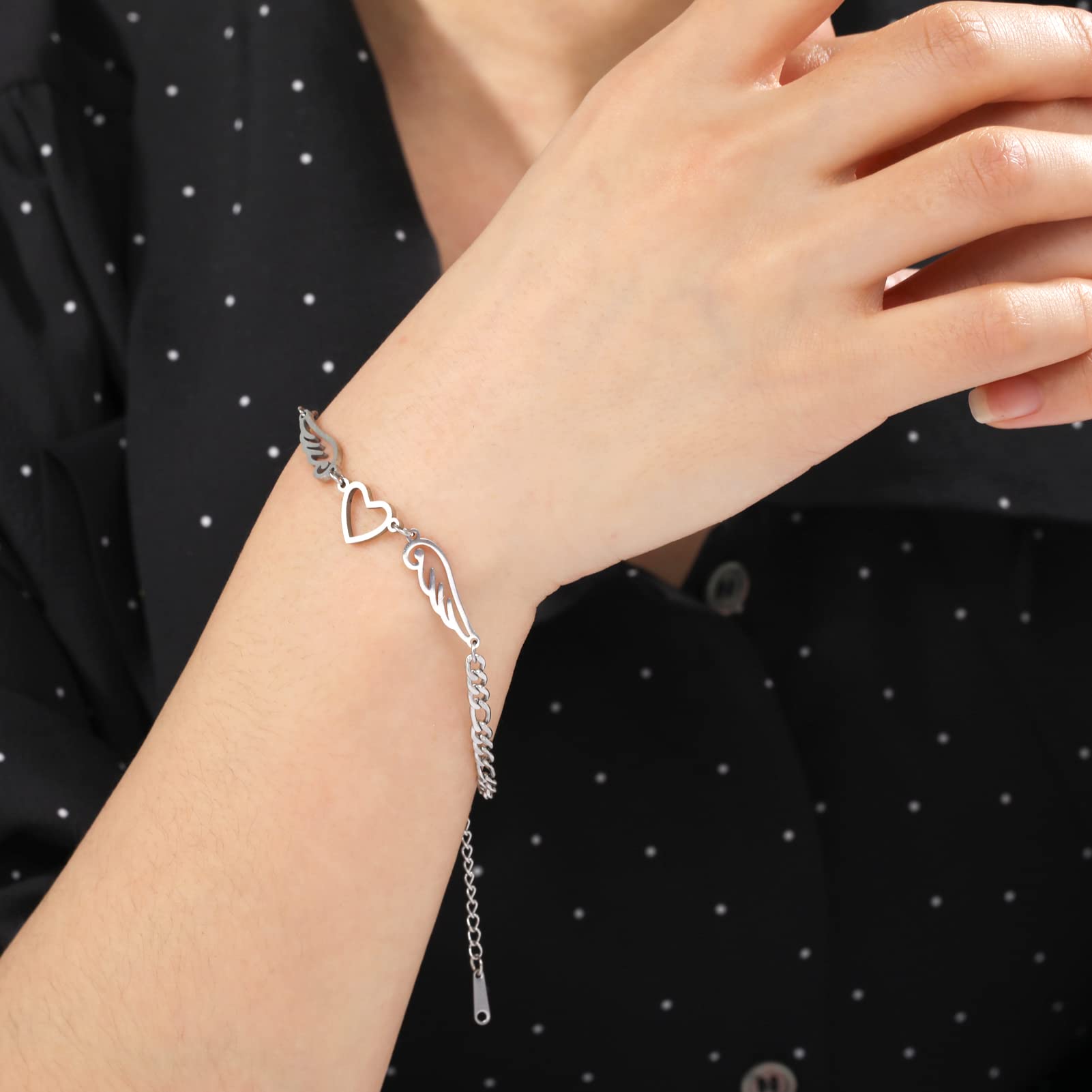 Eueavan Bracelets bracciale acciaio cuore angelo argento