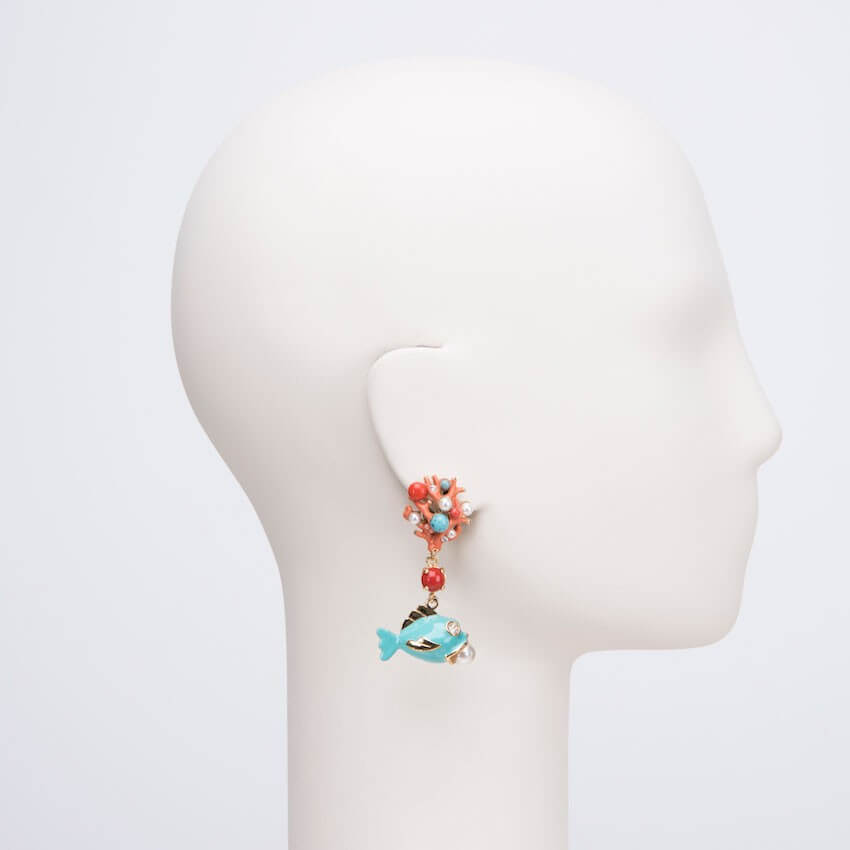 Chic Ad Hoc Orecchini Ramo Corallo e Pesce Turchese Clip
