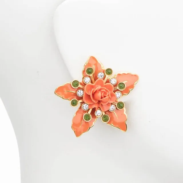 Chic Ad Hoc Orecchini Clip Fiore Corallo e Cristalli Verdi