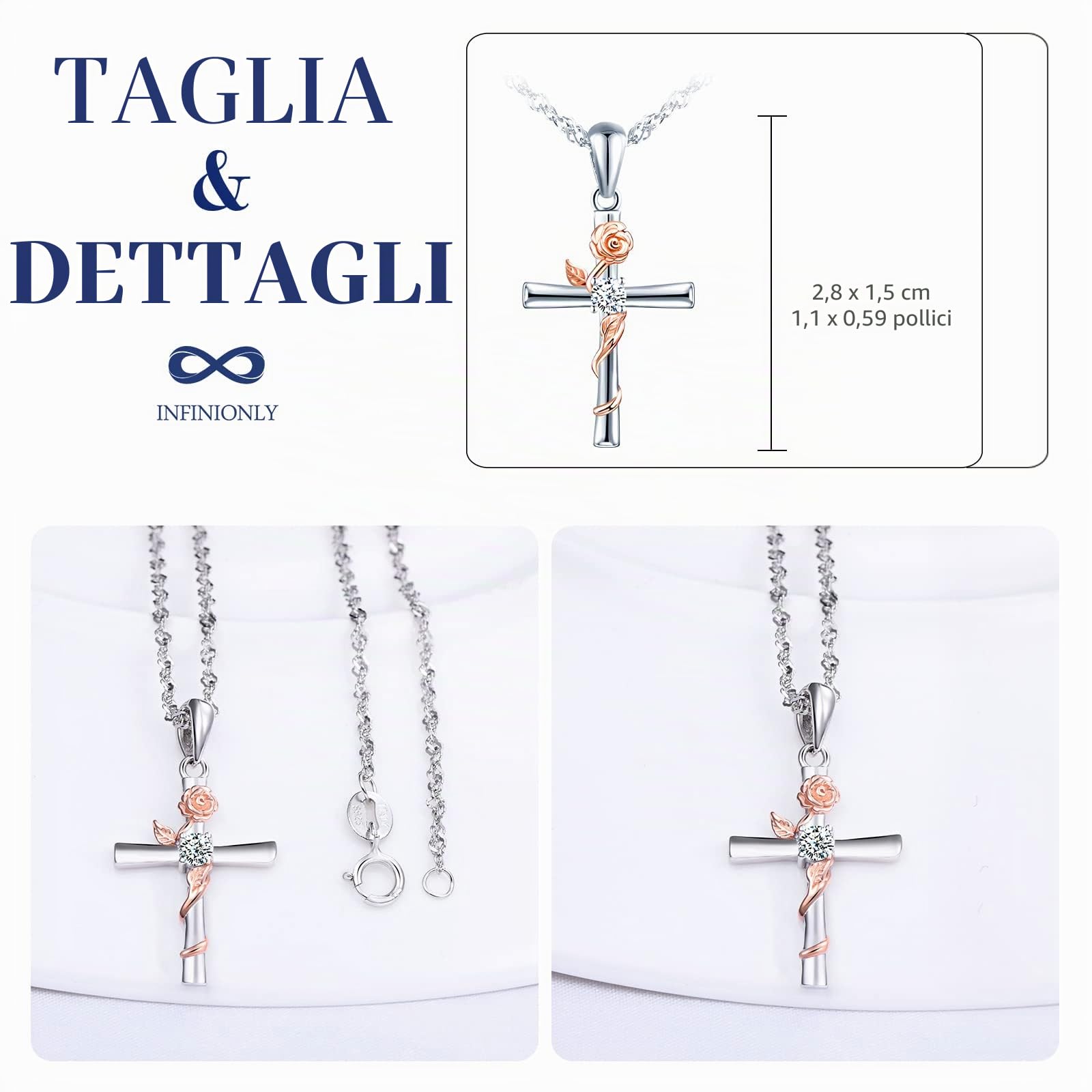 INFINIONLY B-collane collana argento 925 croce rosa zirconi