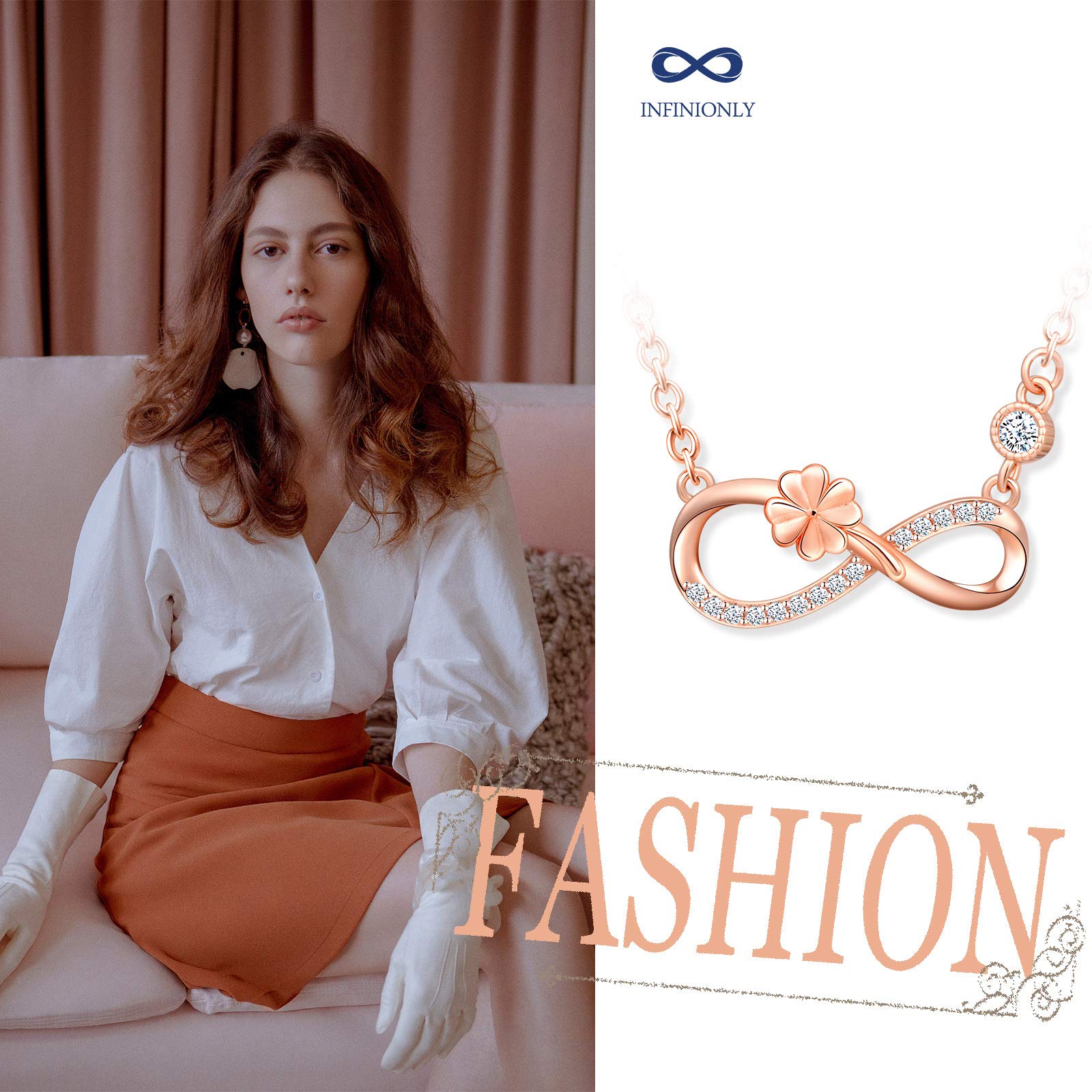 INFINIONLY Fashion Trifoglio Collana Oro Rosa Zirconi