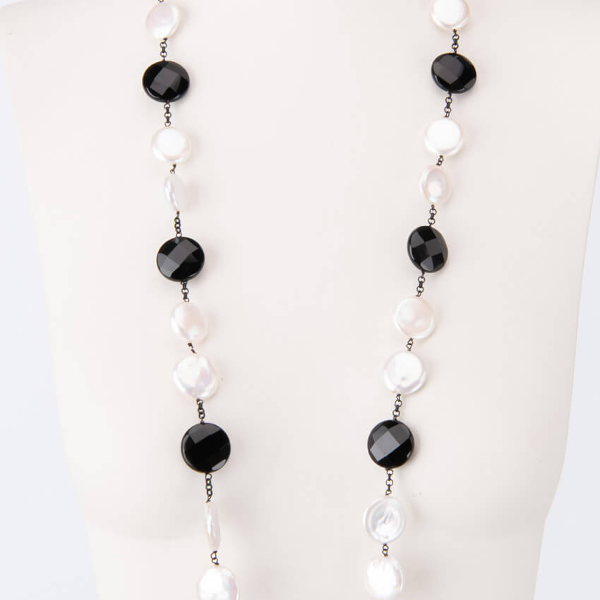 Chic Ad Hoc Collana Lunga Perle Fiume Agata Nera