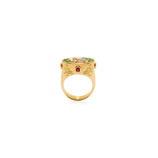 Le Sibille Bird Anello Oro 18Ct Rubini Mosaico Romano