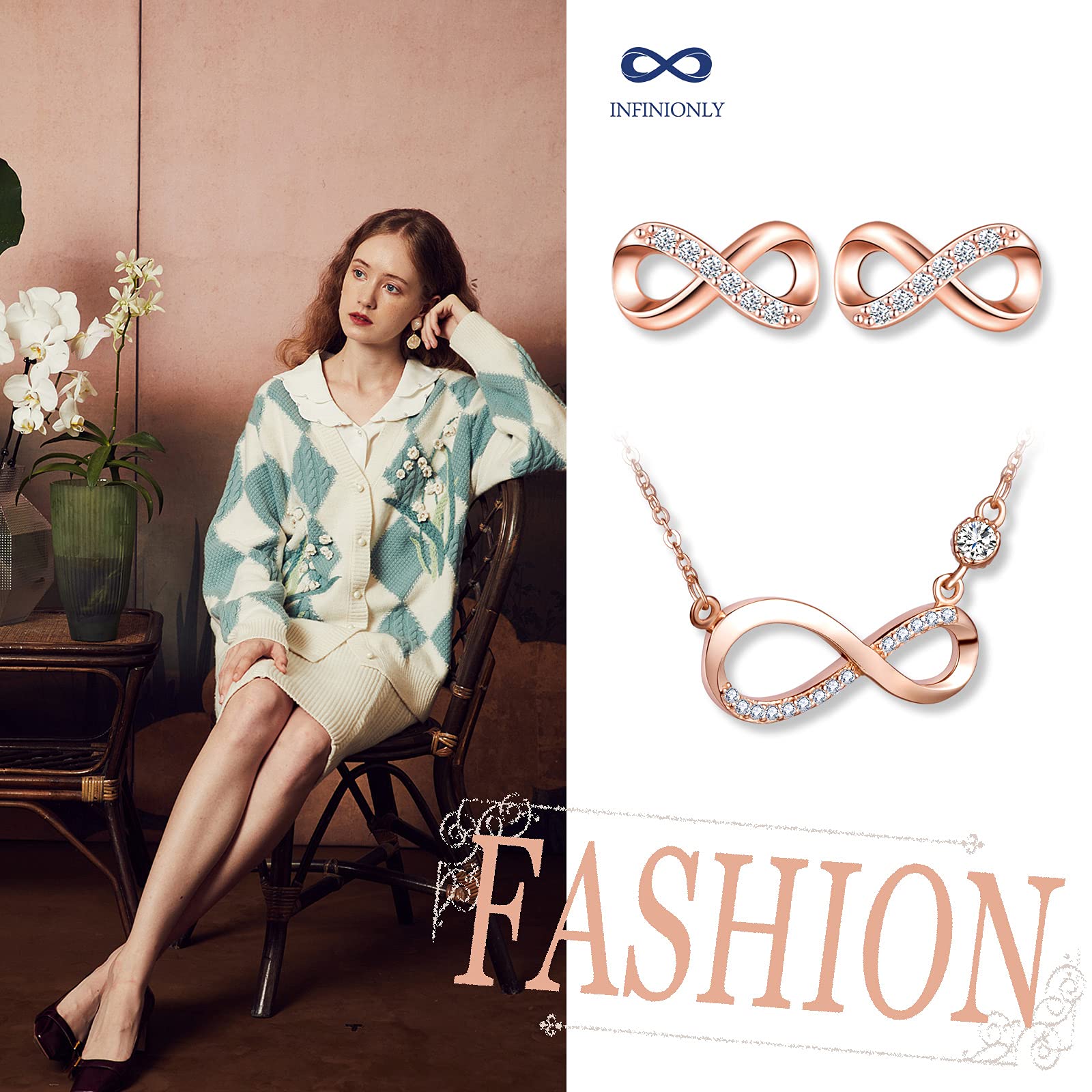 Infinionly Fashion A parure oro rosa infinito zirconi