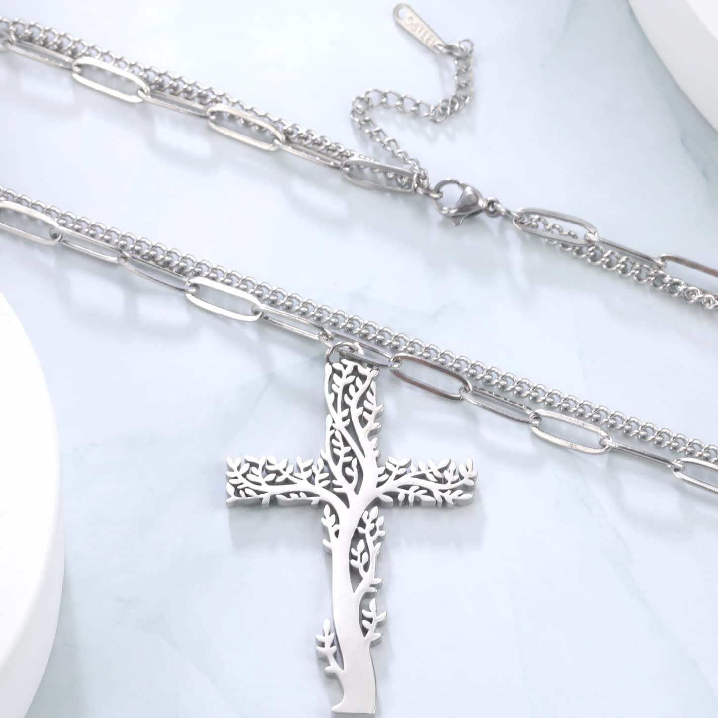 EUEAVAN Collana Albero Vita Croce Acciaio Inox Strati