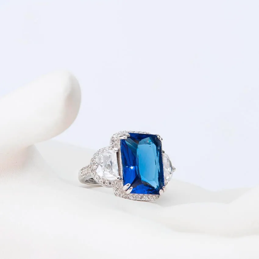 Chic Ad Hoc Anello Taglio Smeraldo Argento Blu Zaffiro
