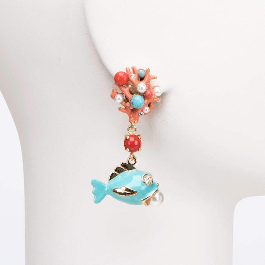 Chic Ad Hoc Orecchini Ramo Corallo e Pesce Turchese Clip